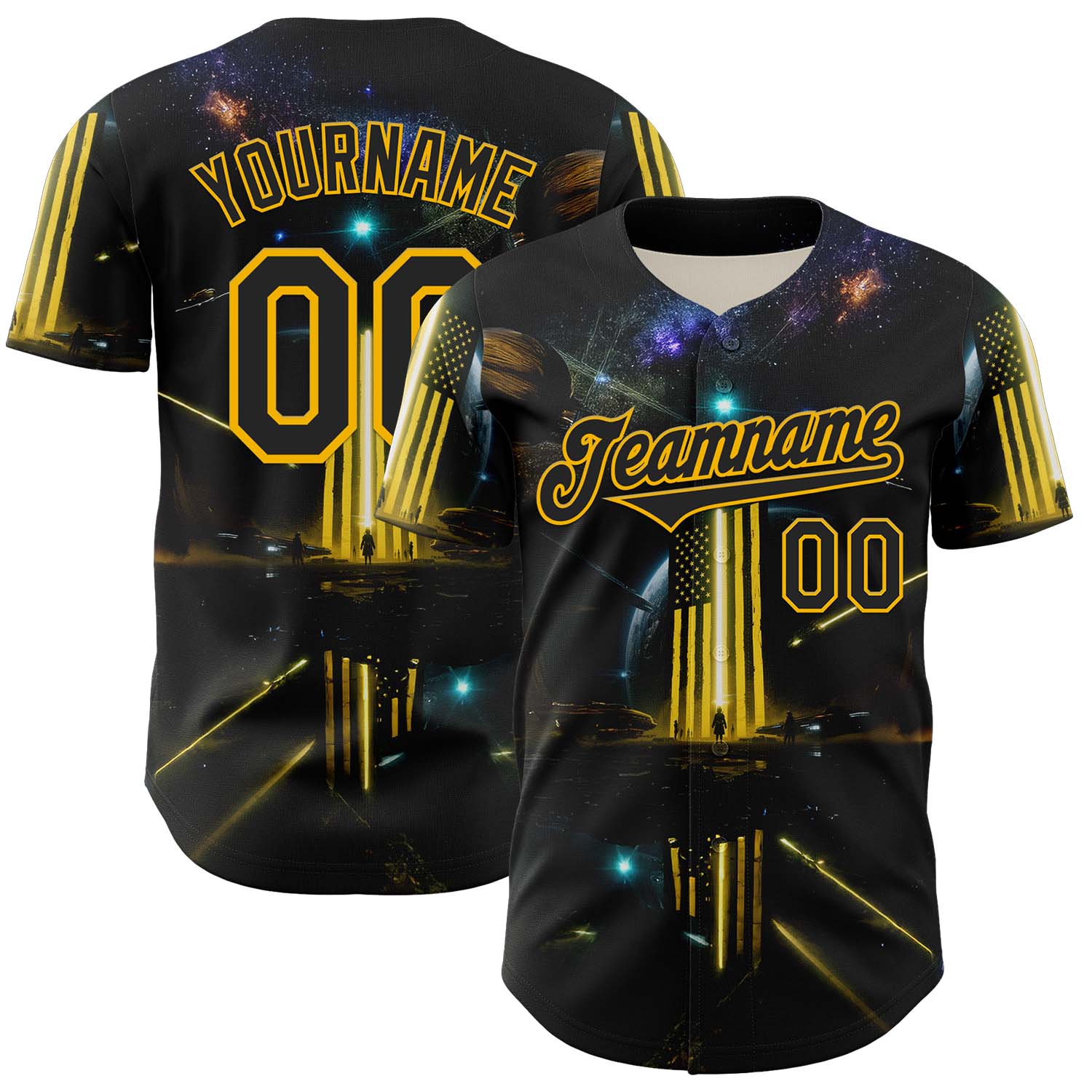 Custom Black Gold 3D Pattern Design Outer Space Light Swords American Flag Authentic Baseball Jersey baseball jersey product view 1