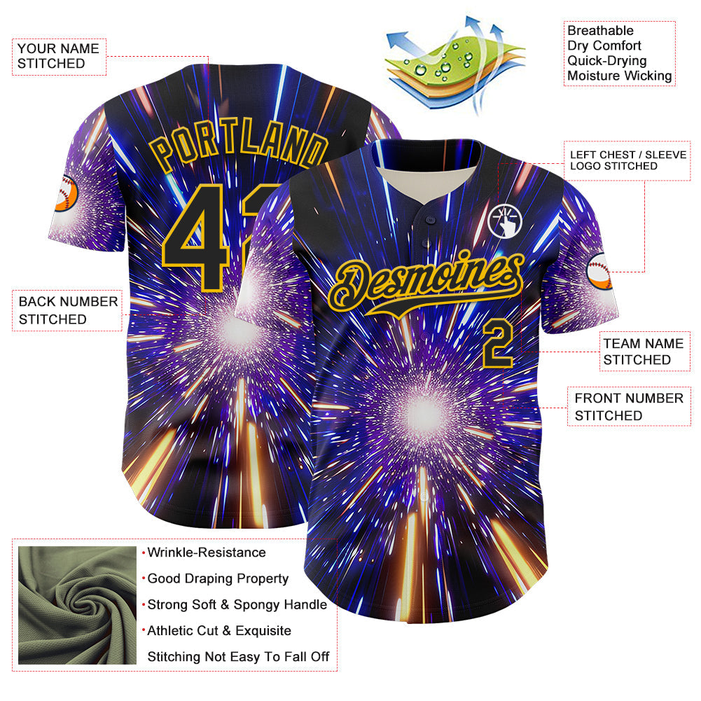 Custom Blue Black-Yellow 3D Pattern Design Outer Space Time Travel Authentic Baseball Jersey baseball jersey product view 3