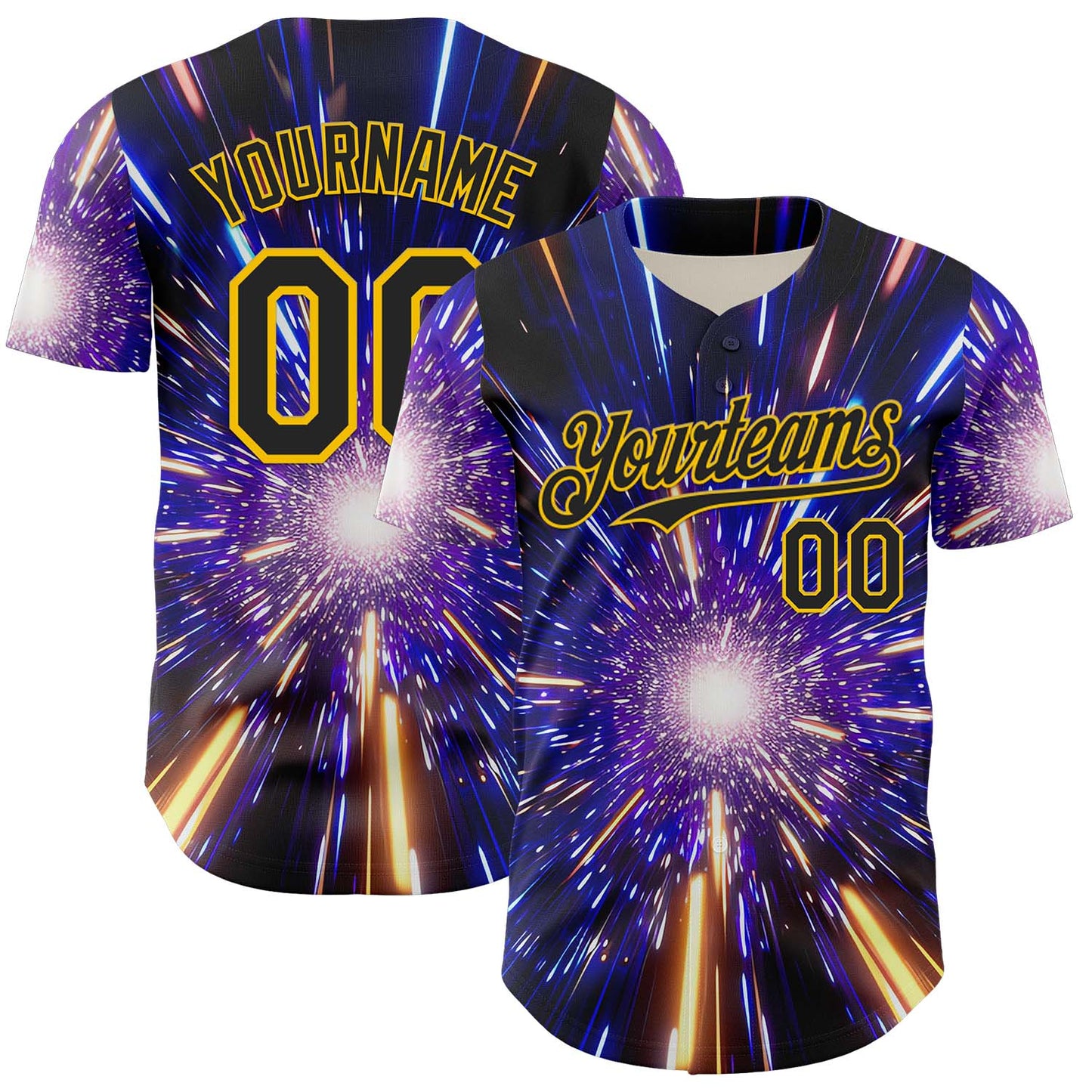 Custom Blue Black-Yellow 3D Pattern Design Outer Space Time Travel Authentic Baseball Jersey baseball jersey product view 1