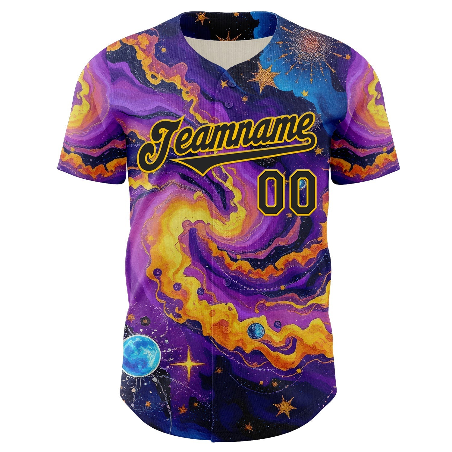 Custom Purple Black-Yellow 3D Pattern Design Outer Space Galaxy Authentic Baseball Jersey baseball jersey product view 2