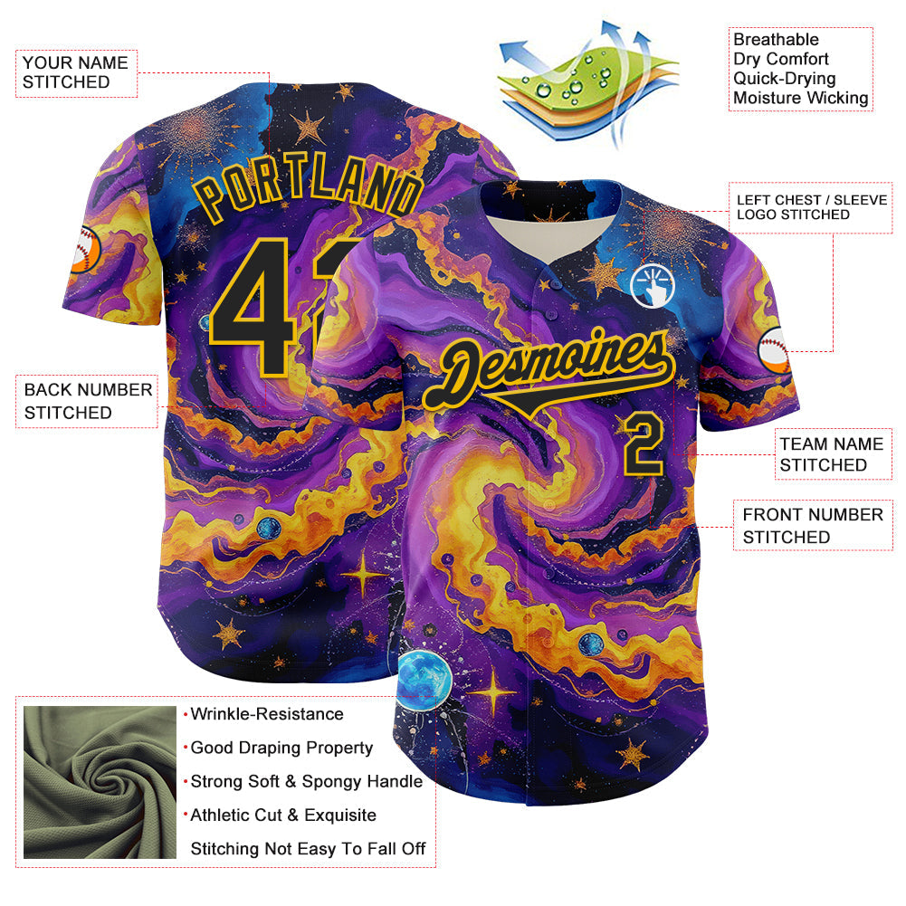 Custom Purple Black-Yellow 3D Pattern Design Outer Space Galaxy Authentic Baseball Jersey baseball jersey product view 3