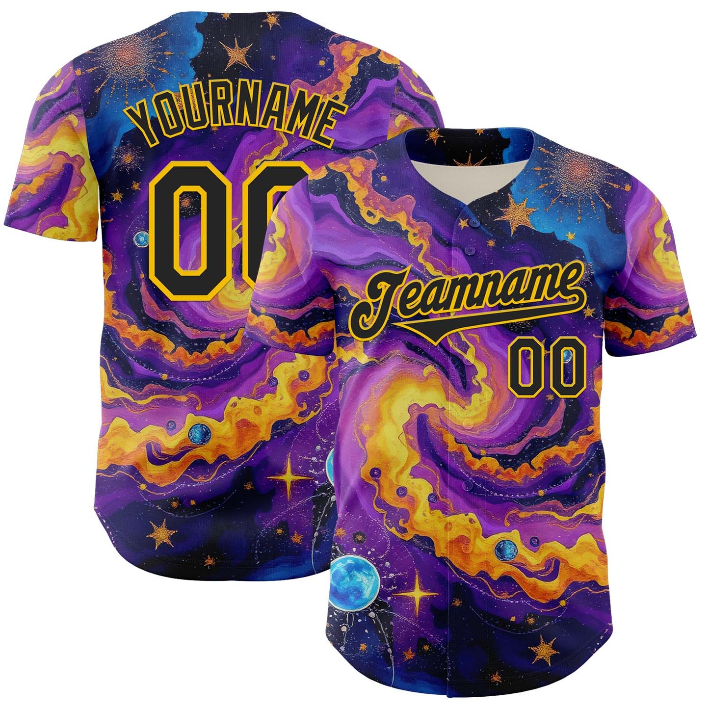 Custom Purple Black-Yellow 3D Pattern Design Outer Space Galaxy Authentic Baseball Jersey baseball jersey product view 1