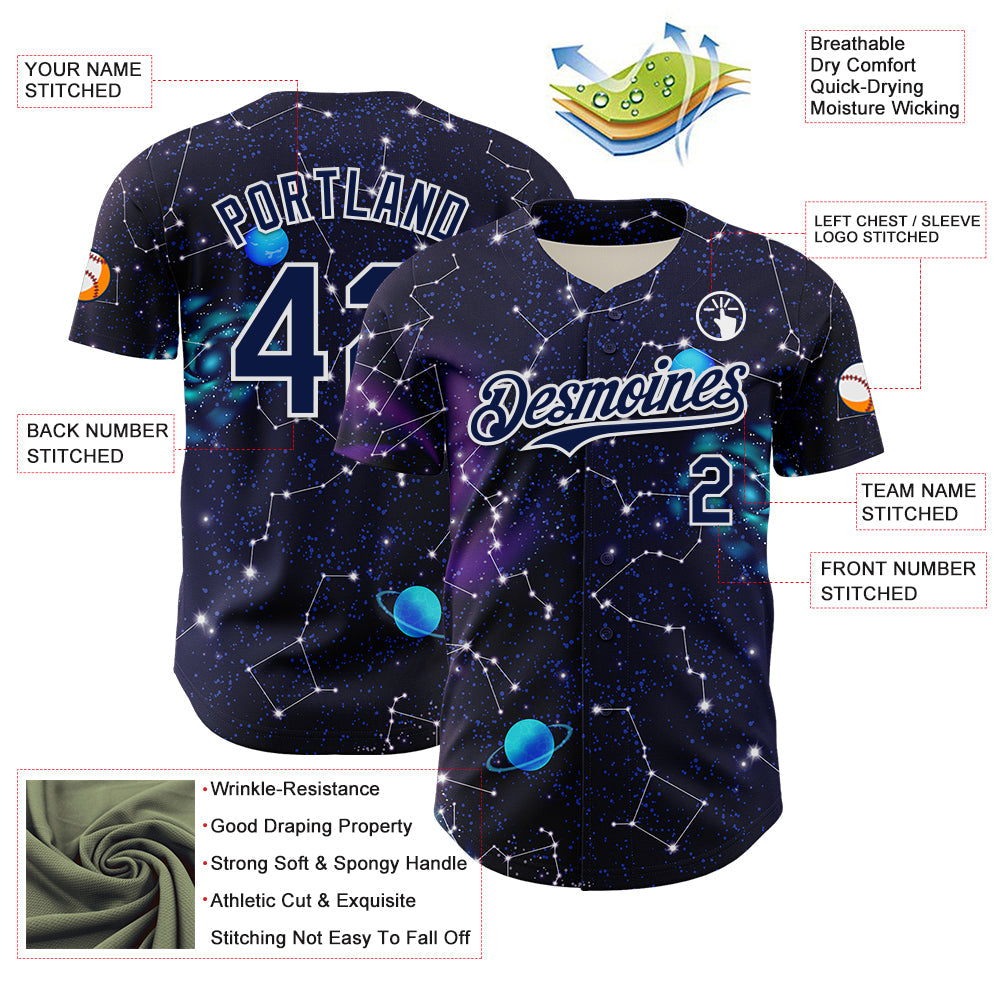 Custom Dark Purple Navy-White 3D Pattern Design Outer Space Galaxy Solar Authentic Baseball Jersey baseball jersey product view 3