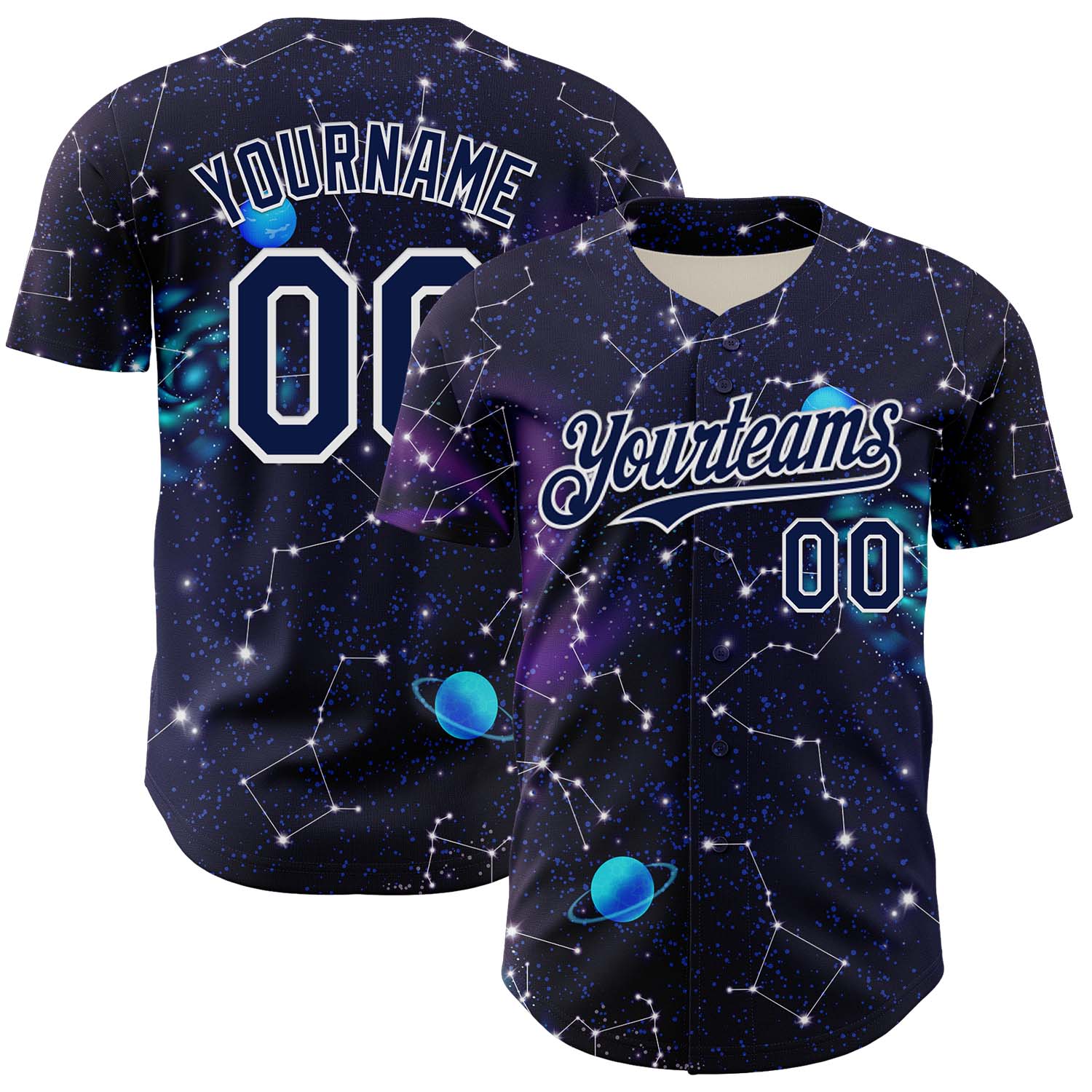 Custom Dark Purple Navy-White 3D Pattern Design Outer Space Galaxy Solar Authentic Baseball Jersey baseball jersey product view 1
