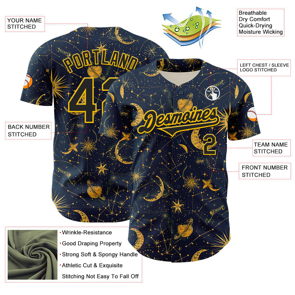 Custom Blue Black-Yellow 3D Pattern Design Outer Space Galaxy Solar Authentic Baseball Jersey baseball jersey product view 3