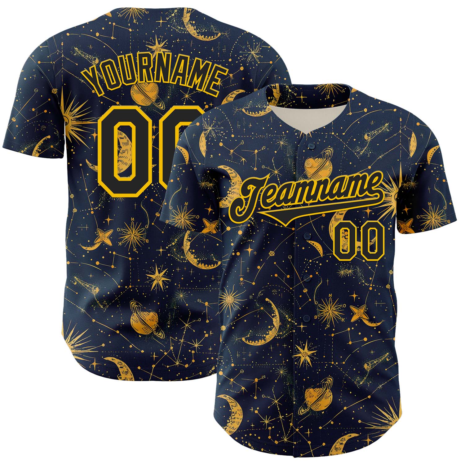 Custom Blue Black-Yellow 3D Pattern Design Outer Space Galaxy Solar Authentic Baseball Jersey baseball jersey product view 1