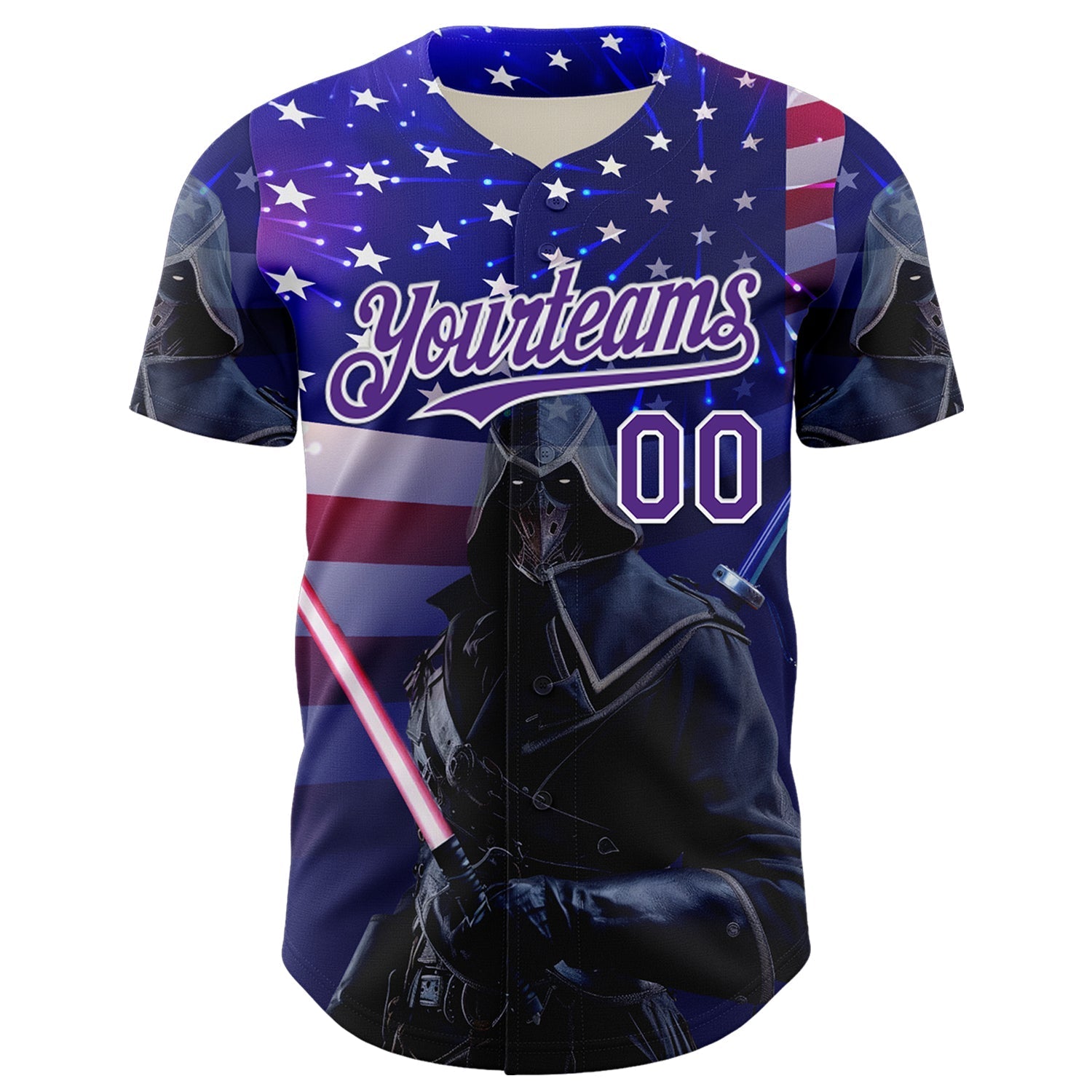 Custom Blue Purple-White 3D Pattern Design Outer Space Light Swords American Flag Authentic Baseball Jersey baseball jersey product view 2