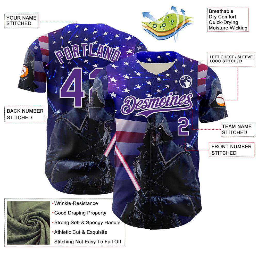 Custom Blue Purple-White 3D Pattern Design Outer Space Light Swords American Flag Authentic Baseball Jersey baseball jersey product view 3