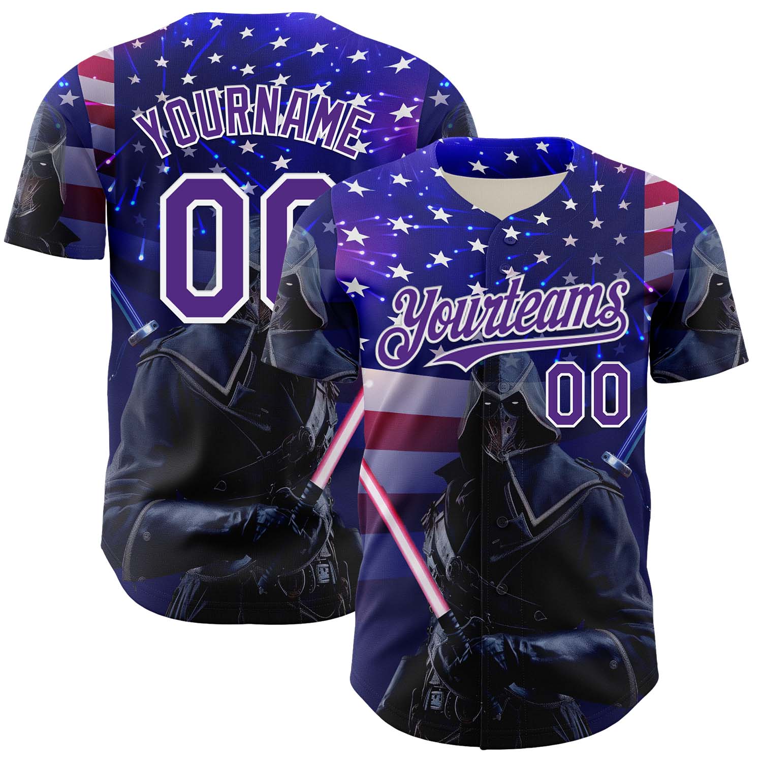 Custom Blue Purple-White 3D Pattern Design Outer Space Light Swords American Flag Authentic Baseball Jersey baseball jersey product view 1