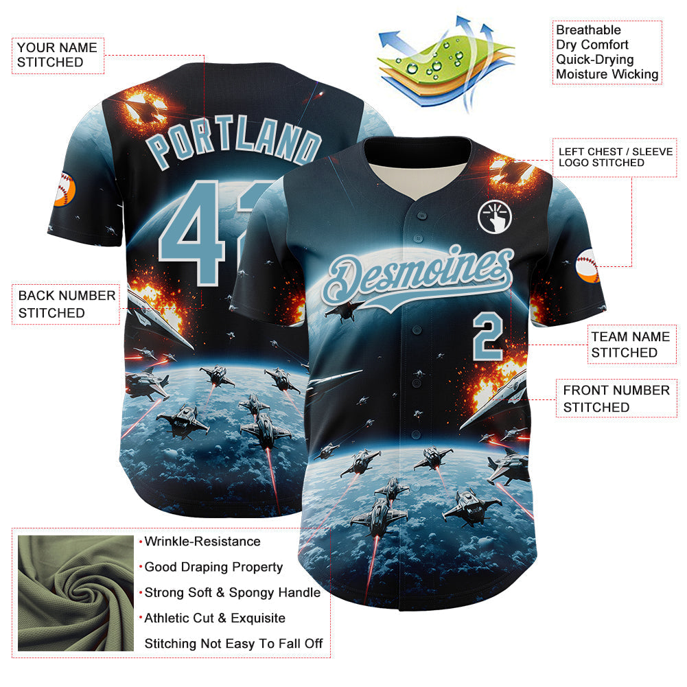 Custom Blue Shadow Blue-White 3D Pattern Design Outer Space Starships Authentic Baseball Jersey baseball jersey product view 3