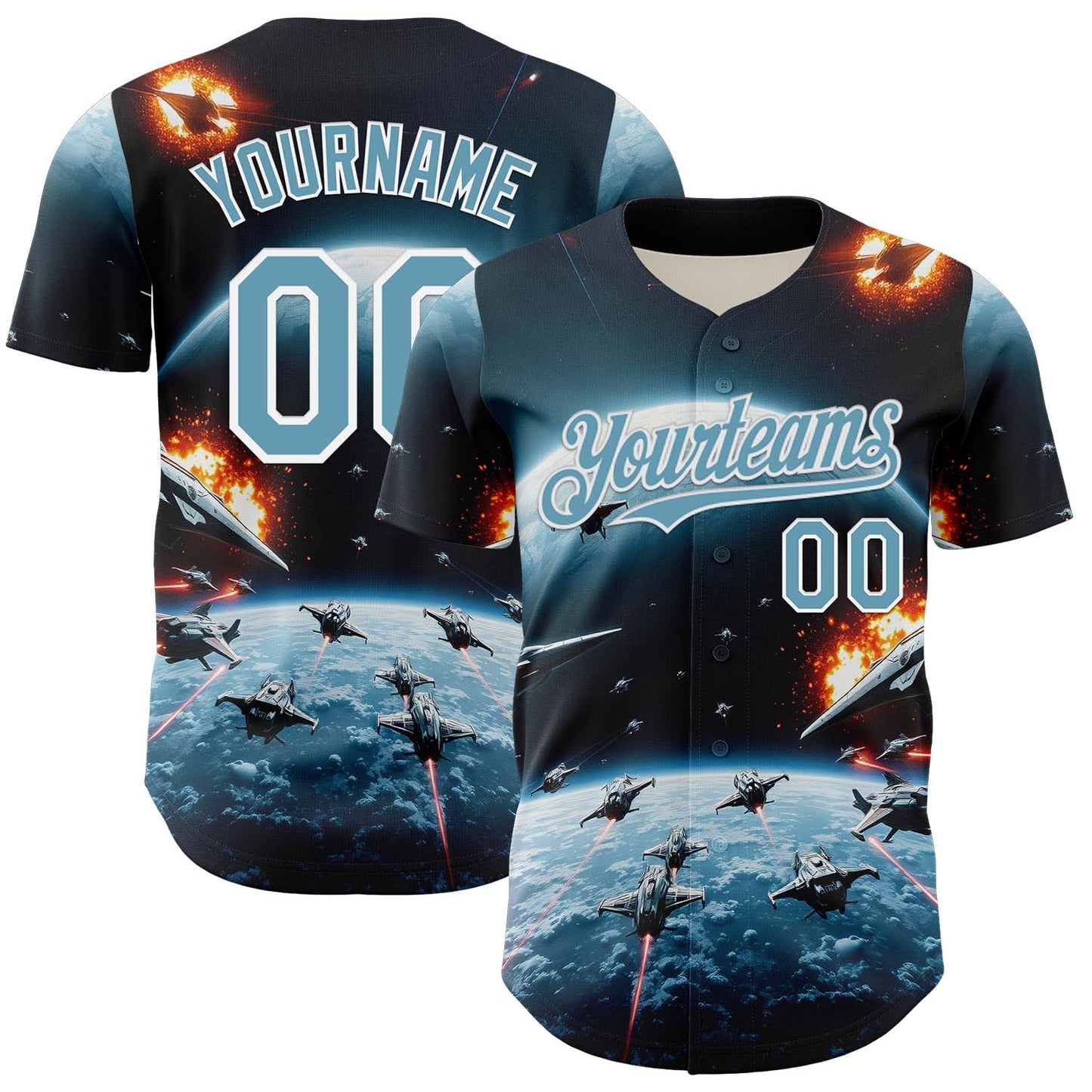 Custom Blue Shadow Blue-White 3D Pattern Design Outer Space Starships Authentic Baseball Jersey baseball jersey product view 1