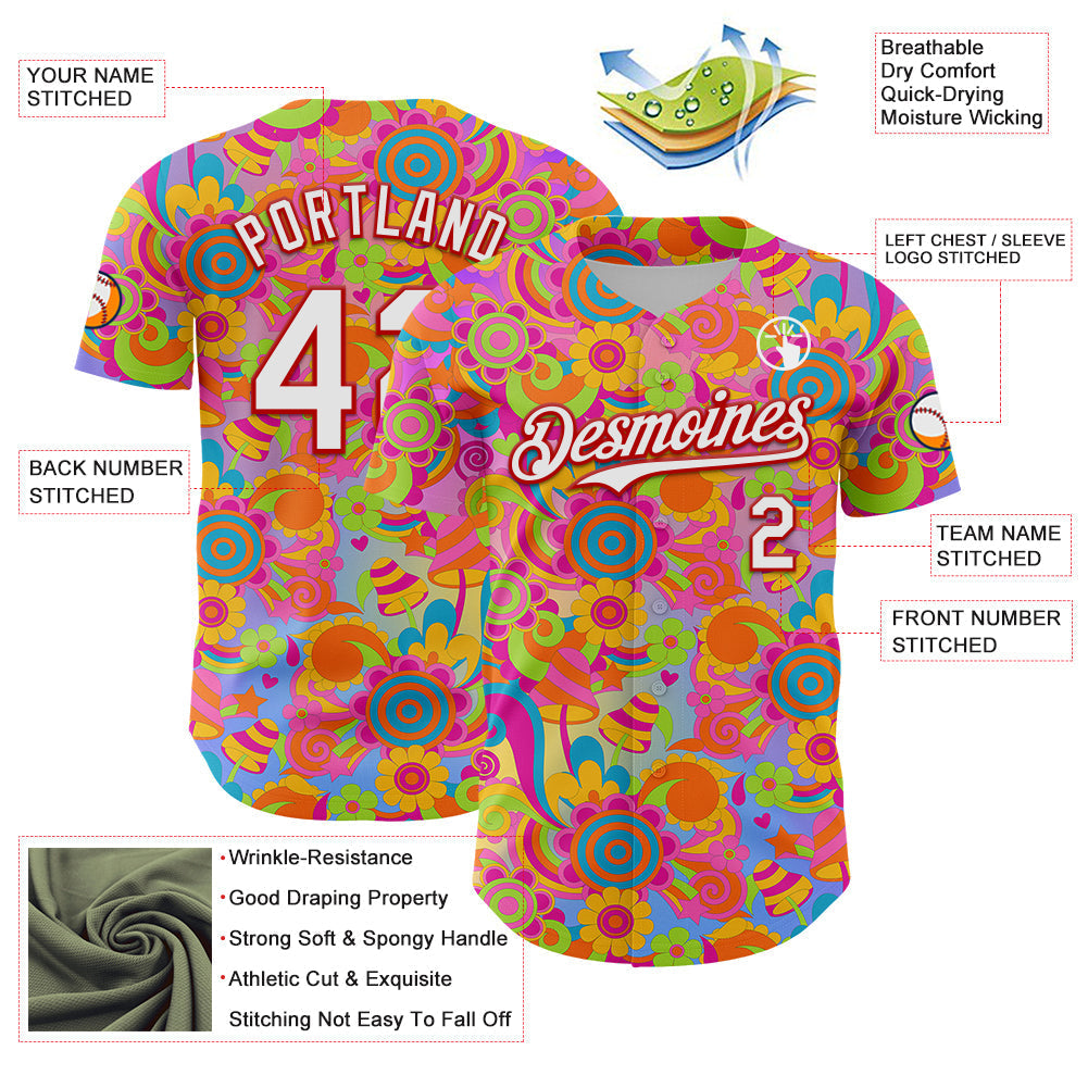 Custom Pink White-Red 3D Pattern Design Trippy Groovy Magic Mushrooms Authentic Baseball Jersey baseball jersey product view 3