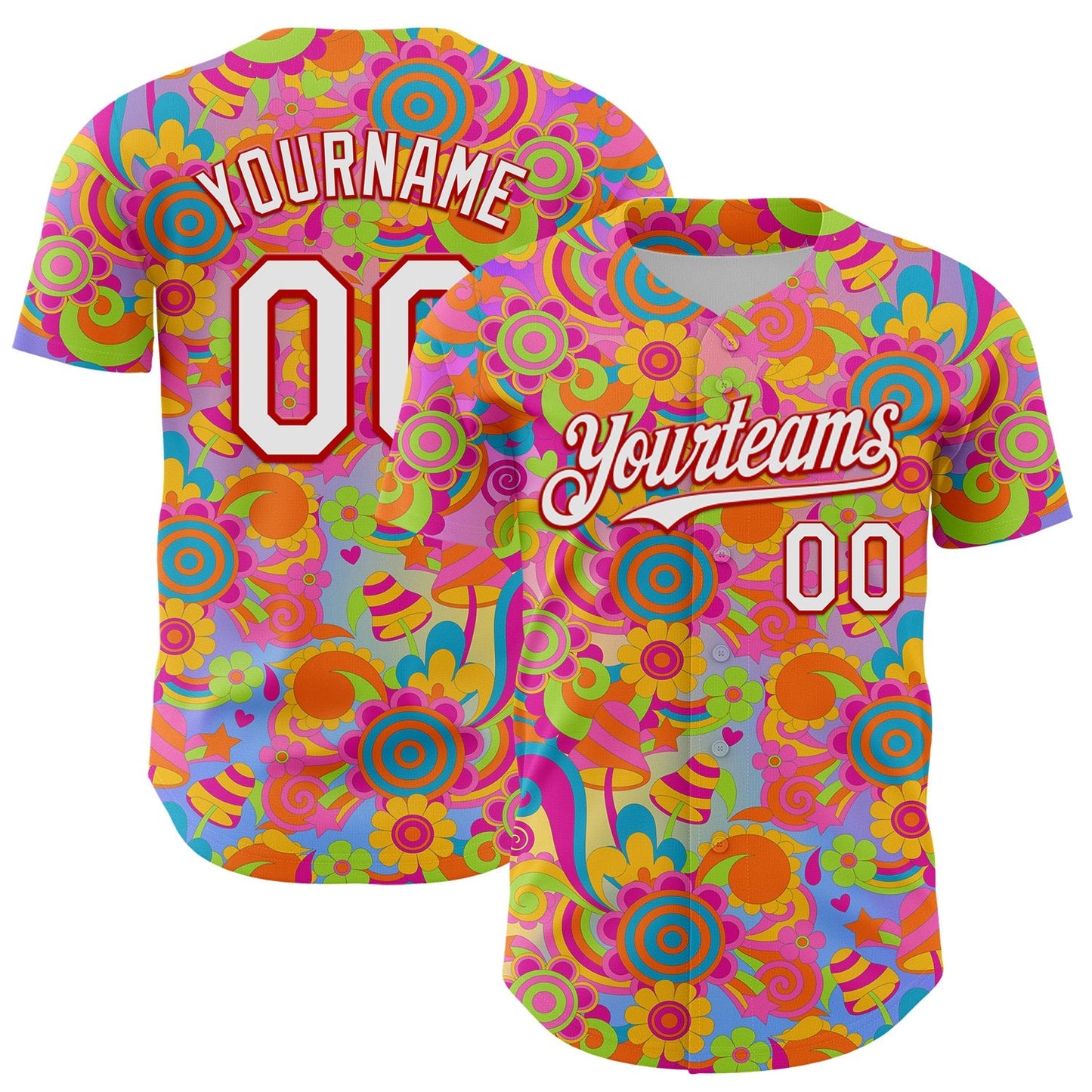 Custom Pink White-Red 3D Pattern Design Trippy Groovy Magic Mushrooms Authentic Baseball Jersey baseball jersey product view 1