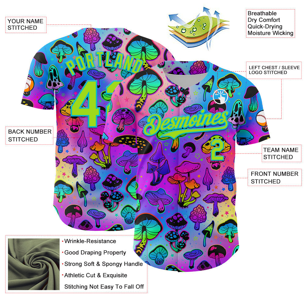 Custom Purple Neon Green-Lakes Blue 3D Pattern Design Trippy Psychedelic Magic Mushrooms Authentic Baseball Jersey baseball jersey product view 3