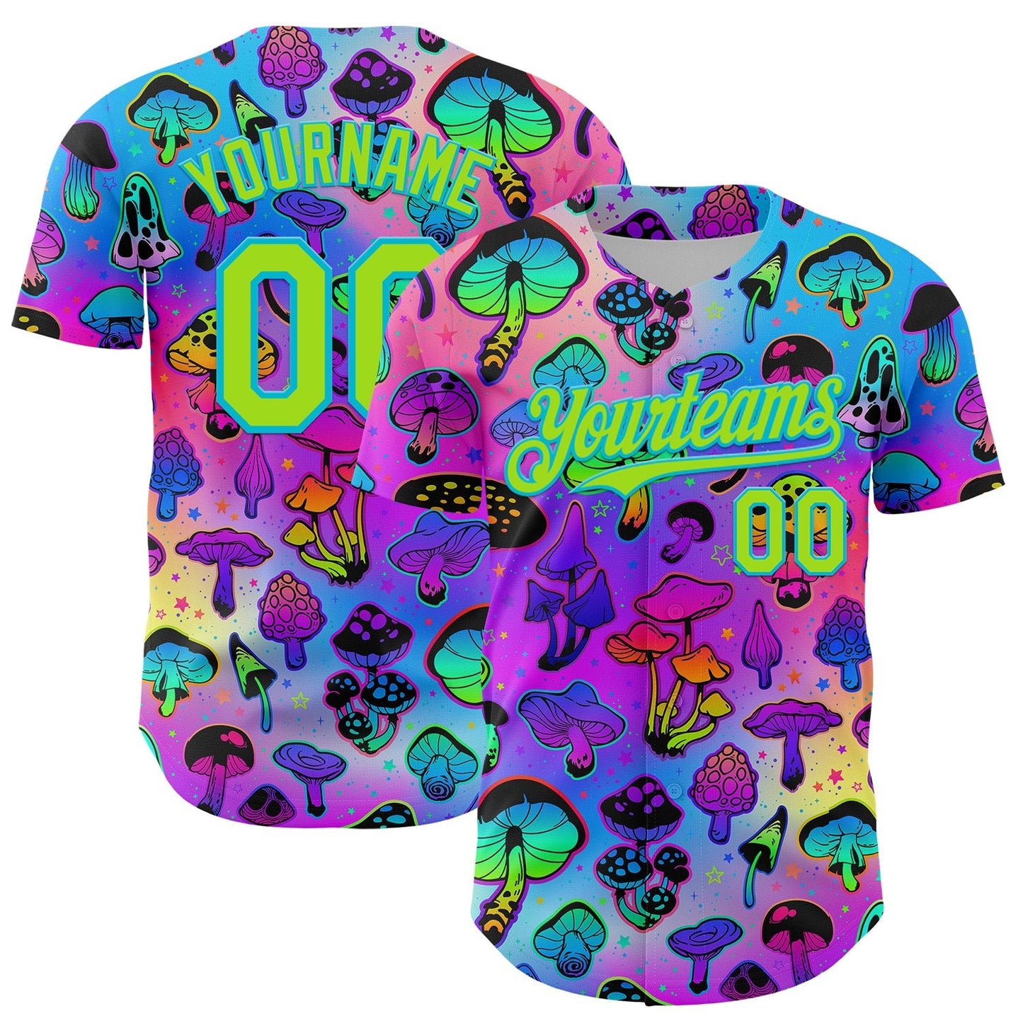Custom Purple Neon Green-Lakes Blue 3D Pattern Design Trippy Psychedelic Magic Mushrooms Authentic Baseball Jersey baseball jersey product view 1