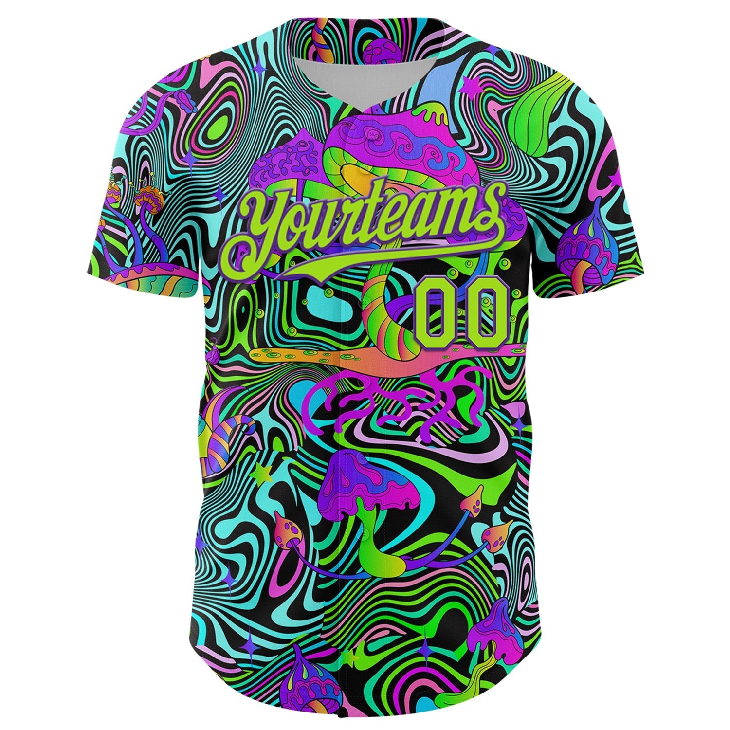 Custom Purple Neon Green 3D Pattern Design Trippy Groovy Magic Mushrooms Authentic Baseball Jersey baseball jersey product view 2