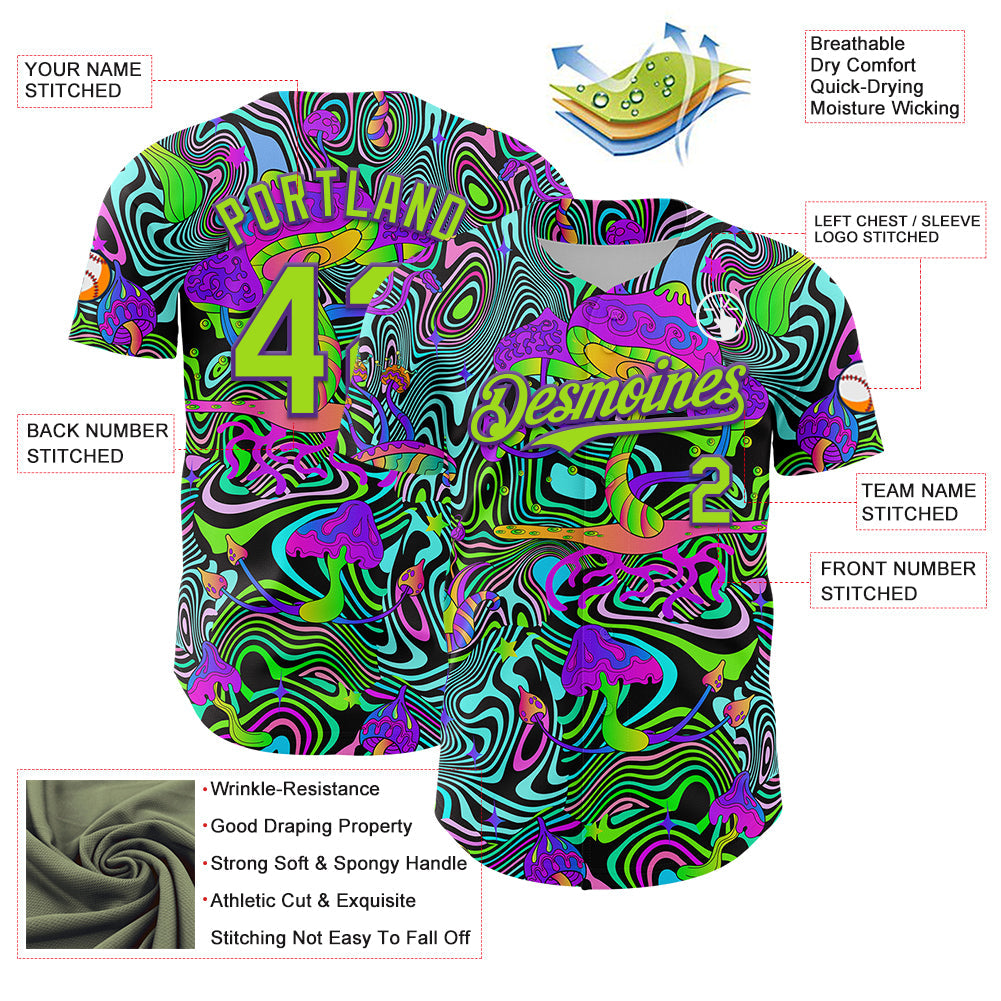 Custom Purple Neon Green 3D Pattern Design Trippy Groovy Magic Mushrooms Authentic Baseball Jersey baseball jersey product view 3