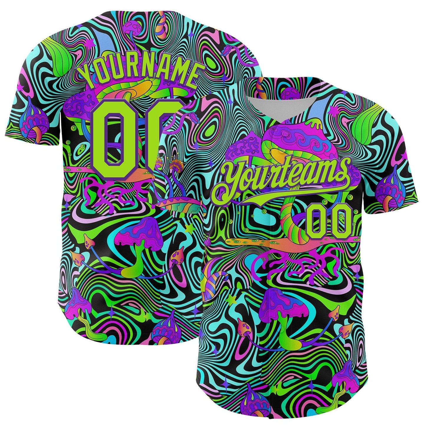 Custom Purple Neon Green 3D Pattern Design Trippy Groovy Magic Mushrooms Authentic Baseball Jersey baseball jersey product view 1