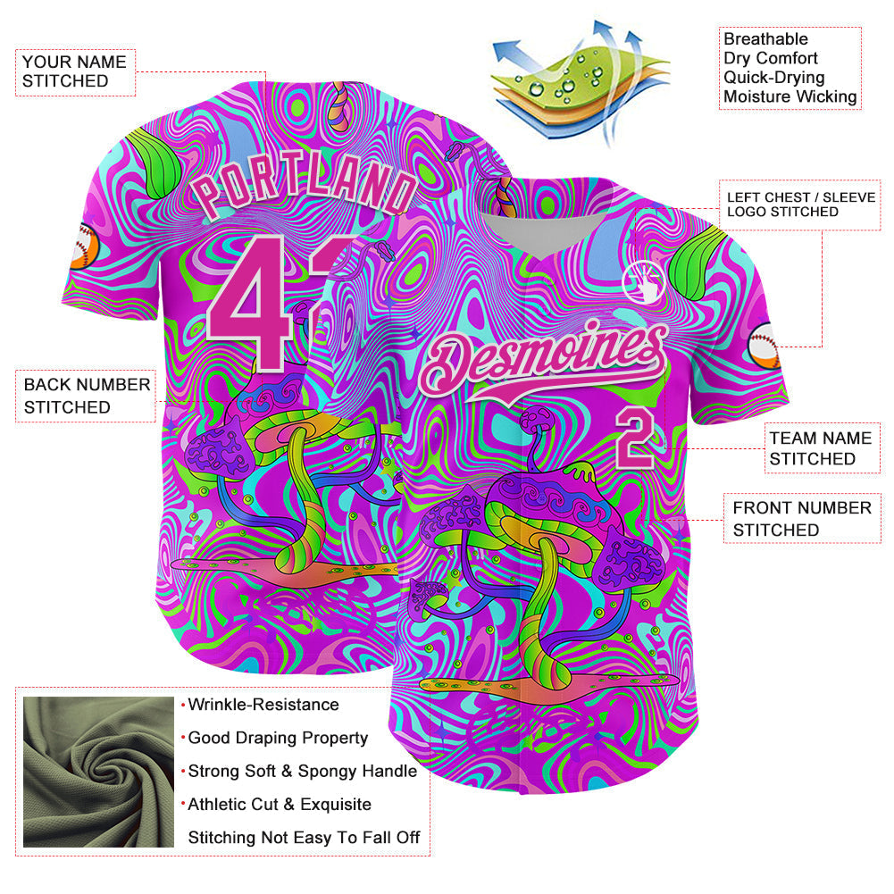 Custom Purple Deep Pink-White 3D Pattern Design Trippy Psychedelic Magic Mushrooms Authentic Baseball Jersey baseball jersey product view 3
