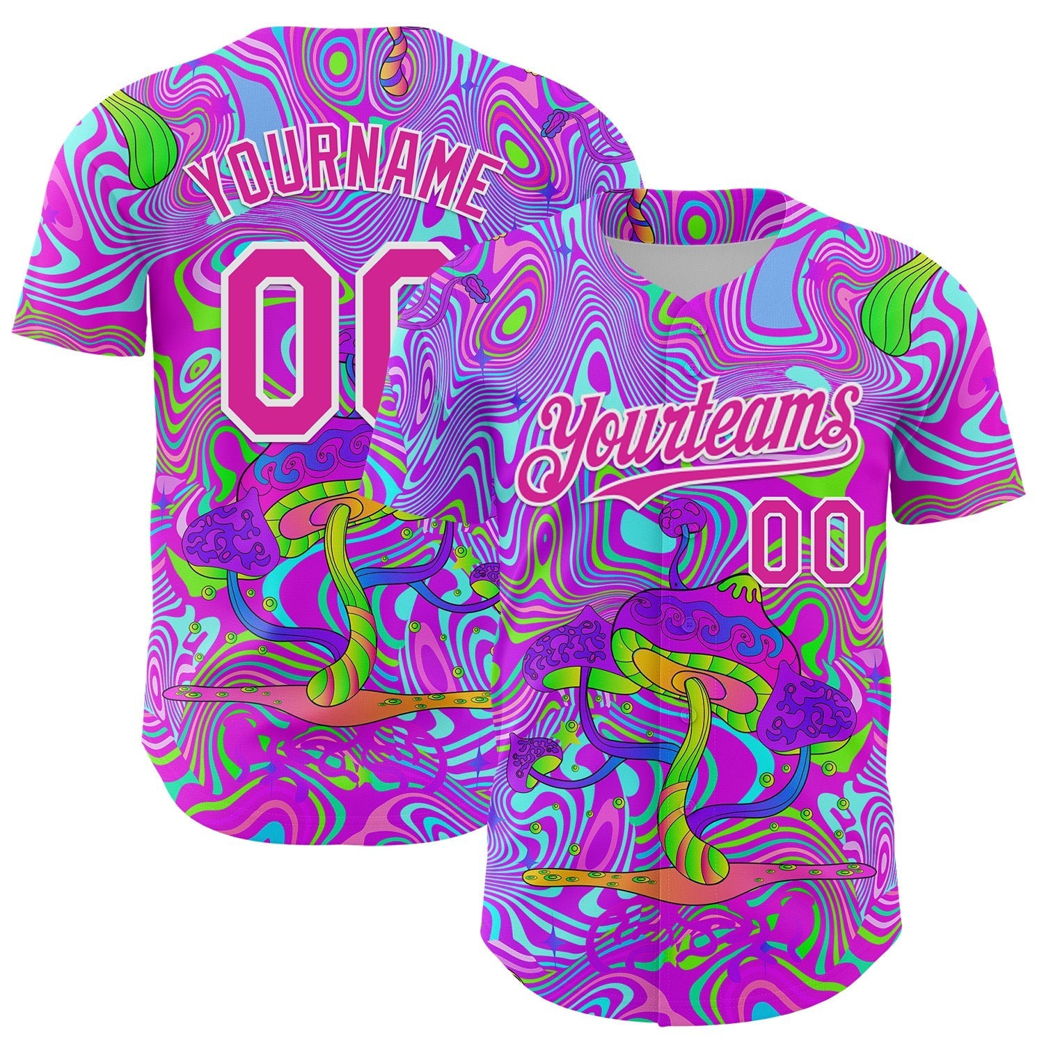 Custom Purple Deep Pink-White 3D Pattern Design Trippy Psychedelic Magic Mushrooms Authentic Baseball Jersey baseball jersey product view 1