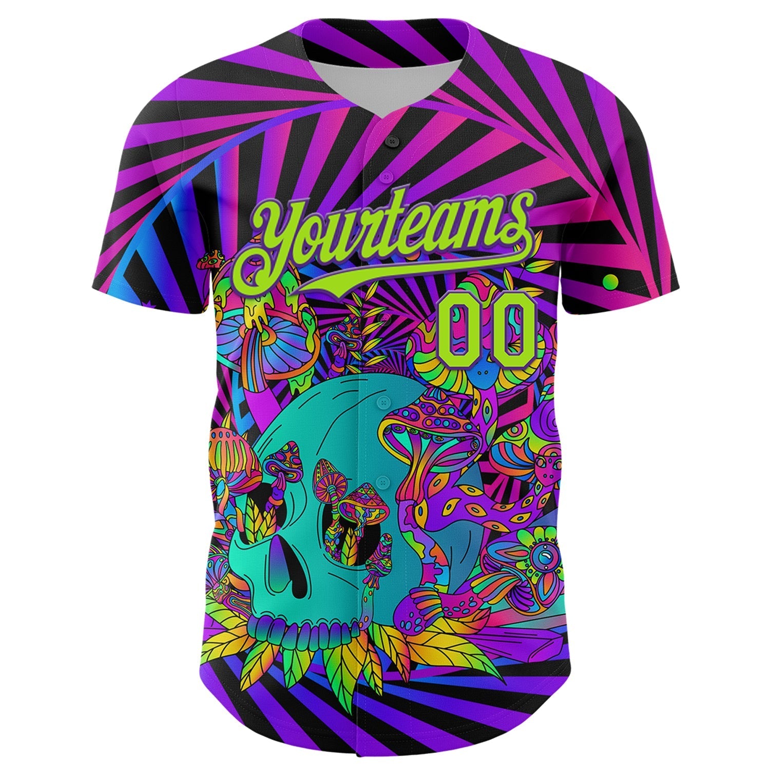 Custom Purple Neon Green 3D Pattern Design Trippy Magic Mushrooms Skull Authentic Baseball Jersey baseball jersey product view 2