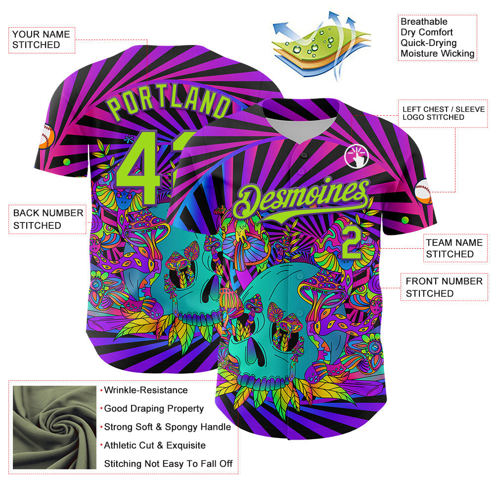 Custom Purple Neon Green 3D Pattern Design Trippy Magic Mushrooms Skull Authentic Baseball Jersey baseball jersey product view 3