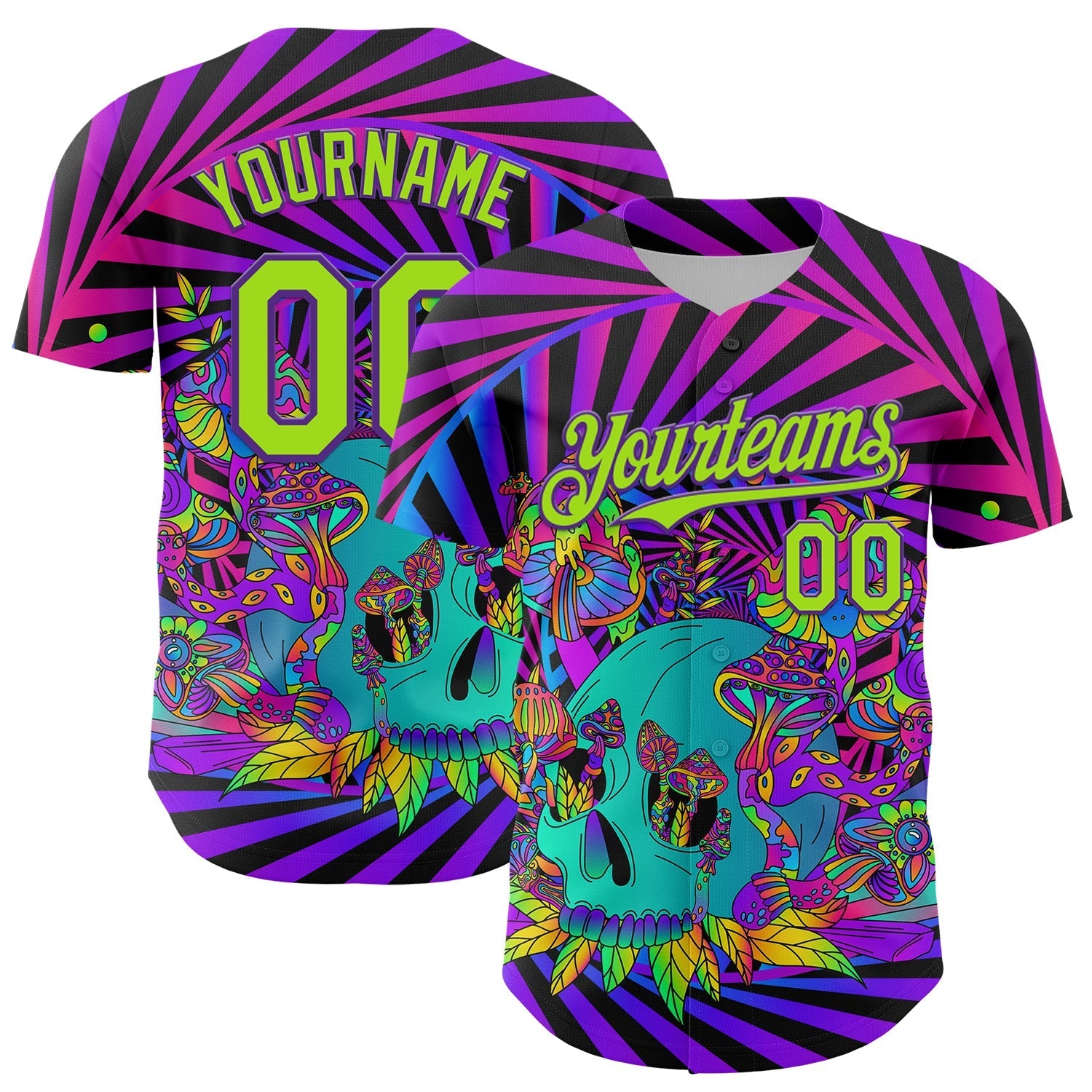 Custom Purple Neon Green 3D Pattern Design Trippy Magic Mushrooms Skull Authentic Baseball Jersey baseball jersey product view 1