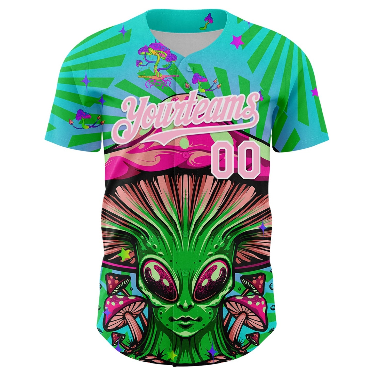 Custom Blue Light Pink-White 3D Pattern Design Trippy Magic Mushrooms Alien Authentic Baseball Jersey baseball jersey product view 2