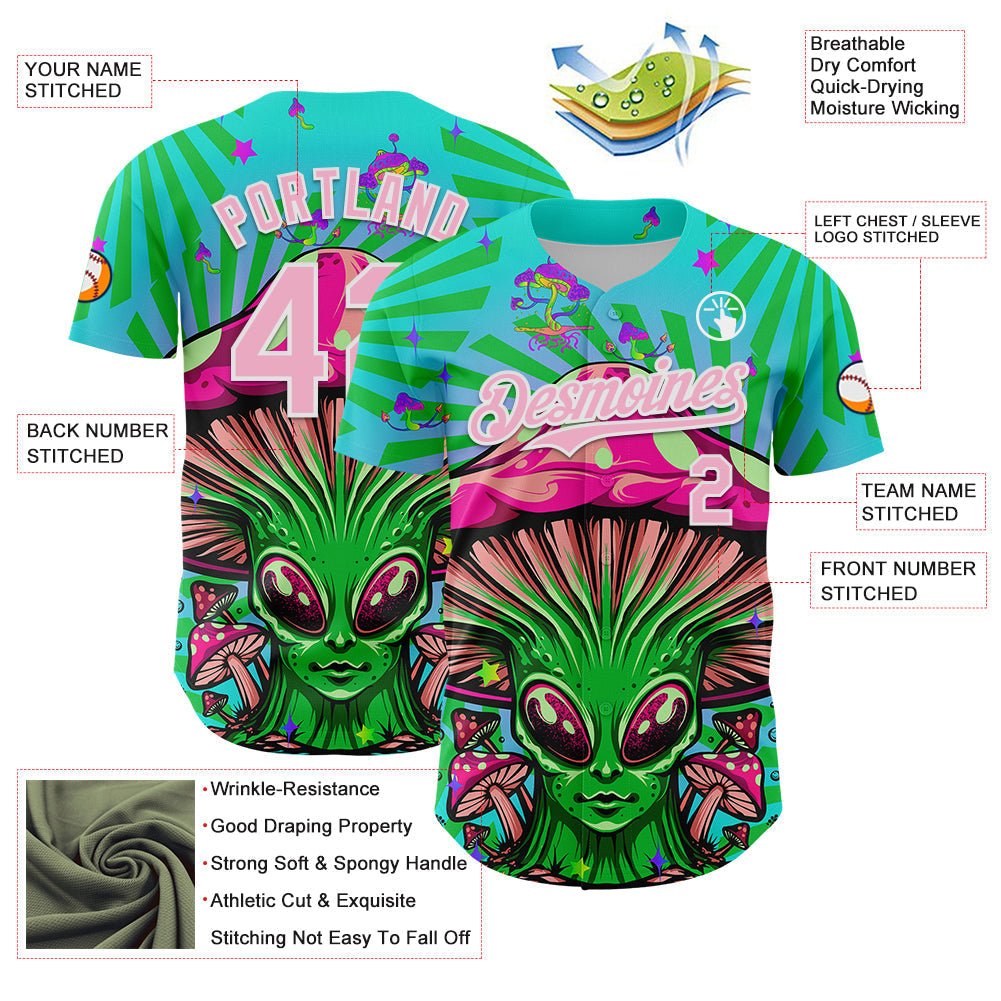Custom Blue Light Pink-White 3D Pattern Design Trippy Magic Mushrooms Alien Authentic Baseball Jersey baseball jersey product view 3