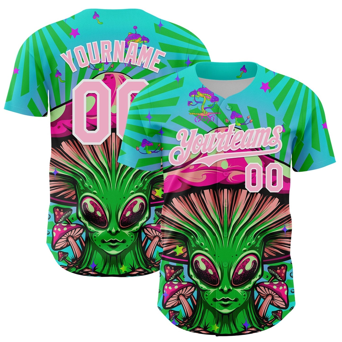 Custom Blue Light Pink-White 3D Pattern Design Trippy Magic Mushrooms Alien Authentic Baseball Jersey baseball jersey product view 1