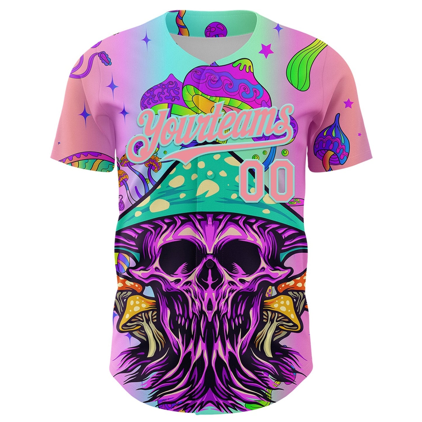 Custom Purple Medium Pink-Ice Blue 3D Pattern Design Trippy Magic Mushrooms Skull Authentic Baseball Jersey baseball jersey product view 2