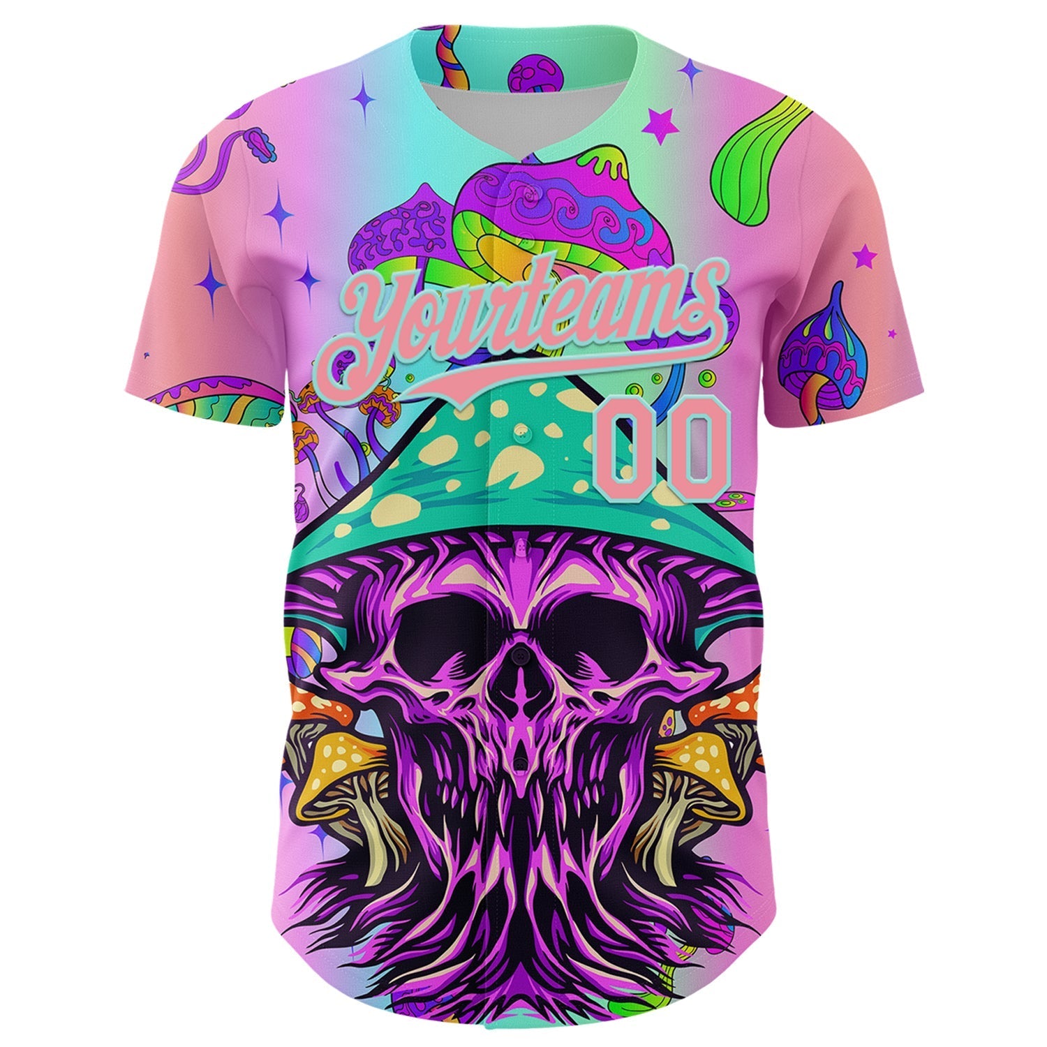 Custom Purple Medium Pink-Ice Blue 3D Pattern Design Trippy Magic Mushrooms Skull Authentic Baseball Jersey baseball jersey product view 2