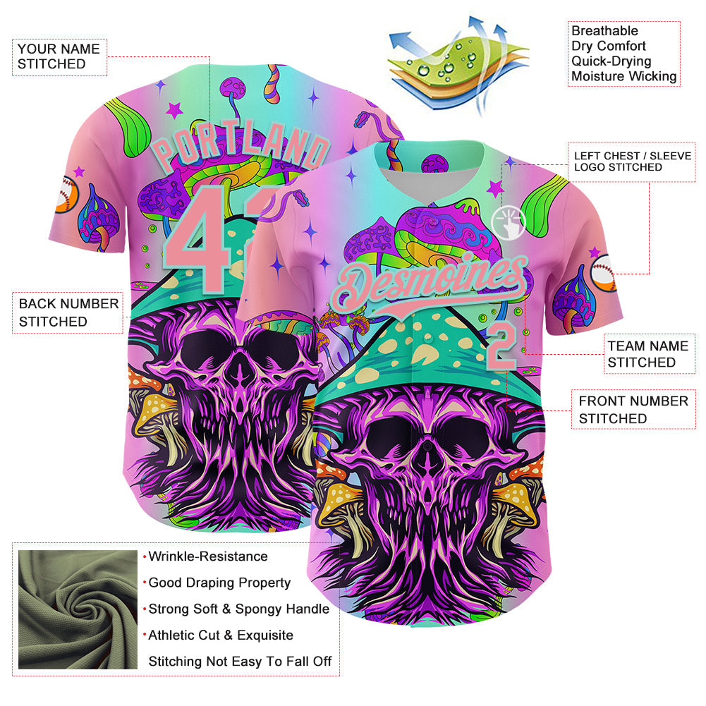 Custom Purple Medium Pink-Ice Blue 3D Pattern Design Trippy Magic Mushrooms Skull Authentic Baseball Jersey baseball jersey product view 3