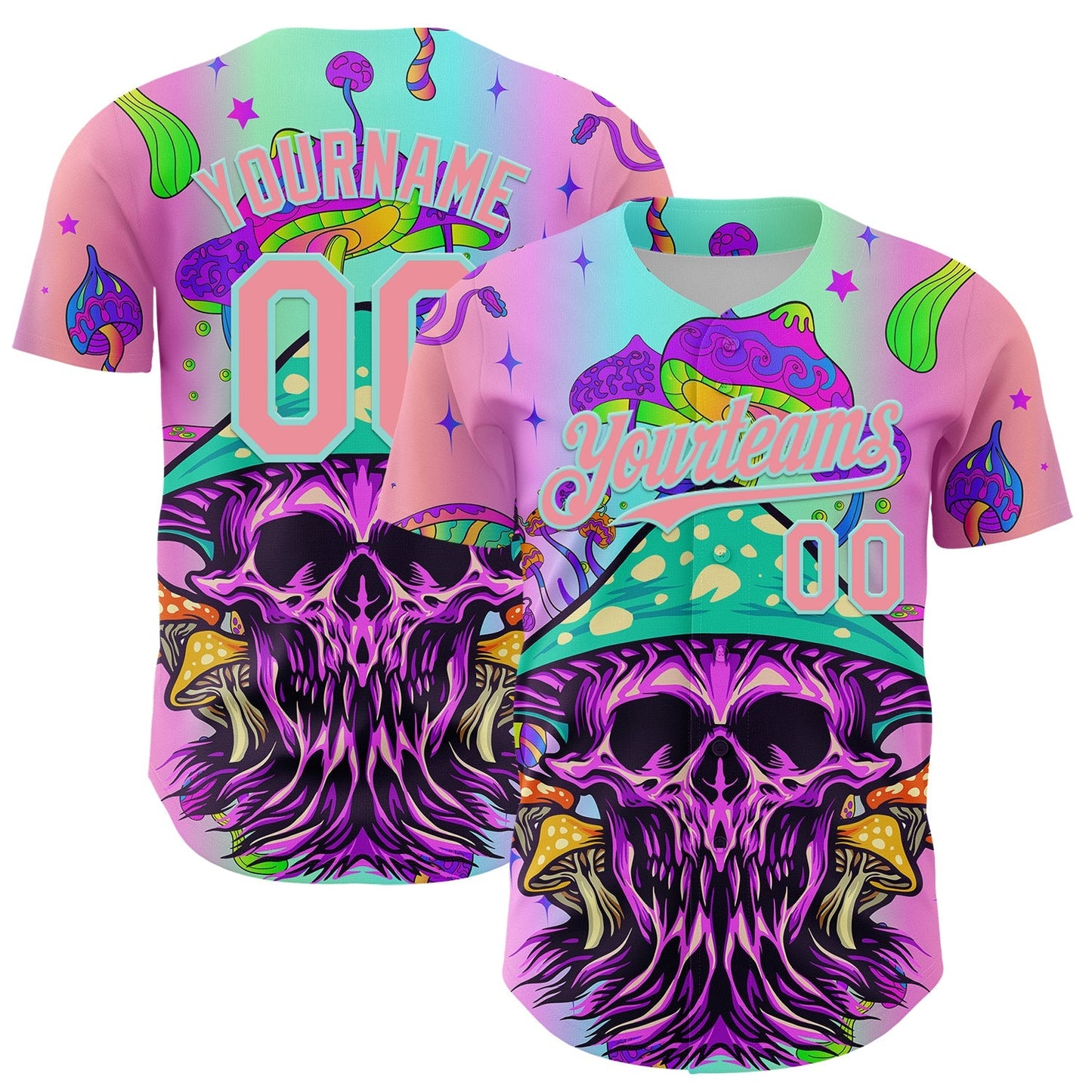 Custom Purple Medium Pink-Ice Blue 3D Pattern Design Trippy Magic Mushrooms Skull Authentic Baseball Jersey baseball jersey product view 1