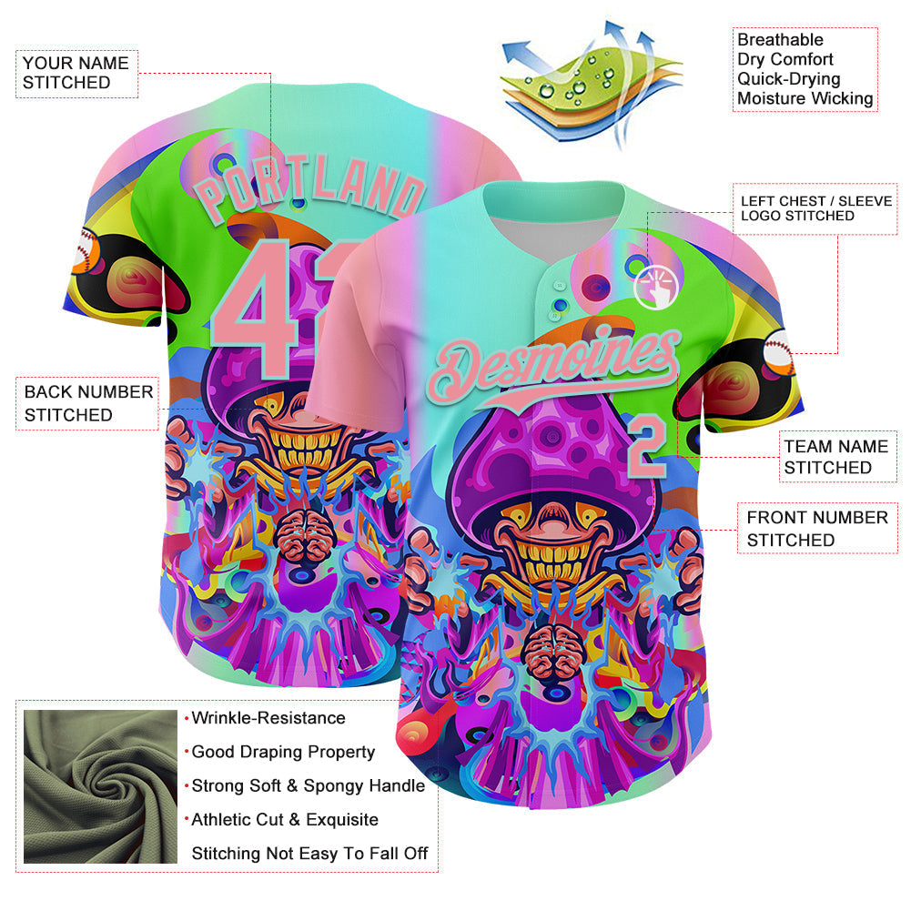Custom Purple Medium Pink-Ice Blue 3D Pattern Design Trippy Magic Mushrooms Acid Authentic Baseball Jersey baseball jersey product view 3