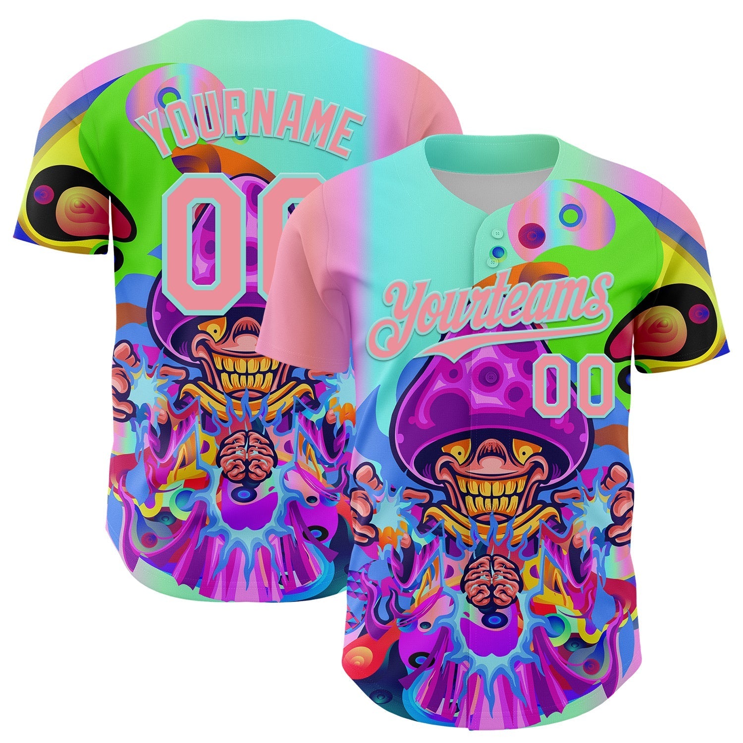 Custom Purple Medium Pink-Ice Blue 3D Pattern Design Trippy Magic Mushrooms Acid Authentic Baseball Jersey baseball jersey product view 1