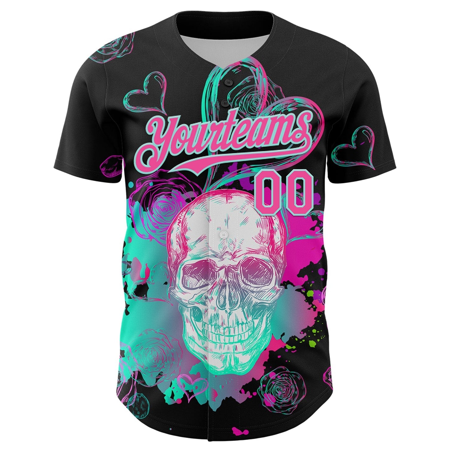 Custom Black Pink-Ice Blue 3D Pattern Design Trippy Magic Mushrooms Skull Authentic Baseball Jersey baseball jersey product view 2