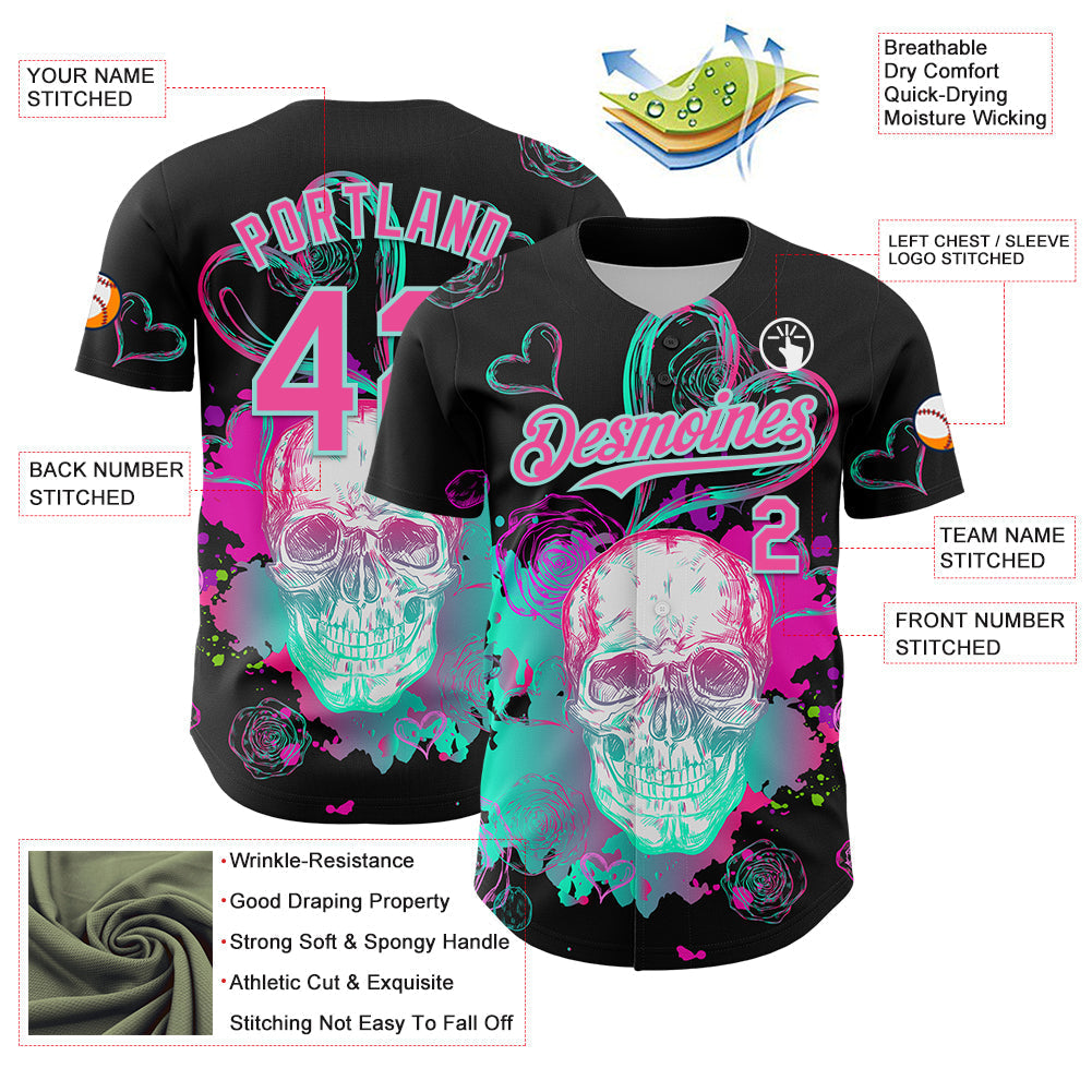 Custom Black Pink-Ice Blue 3D Pattern Design Trippy Magic Mushrooms Skull Authentic Baseball Jersey baseball jersey product view 3