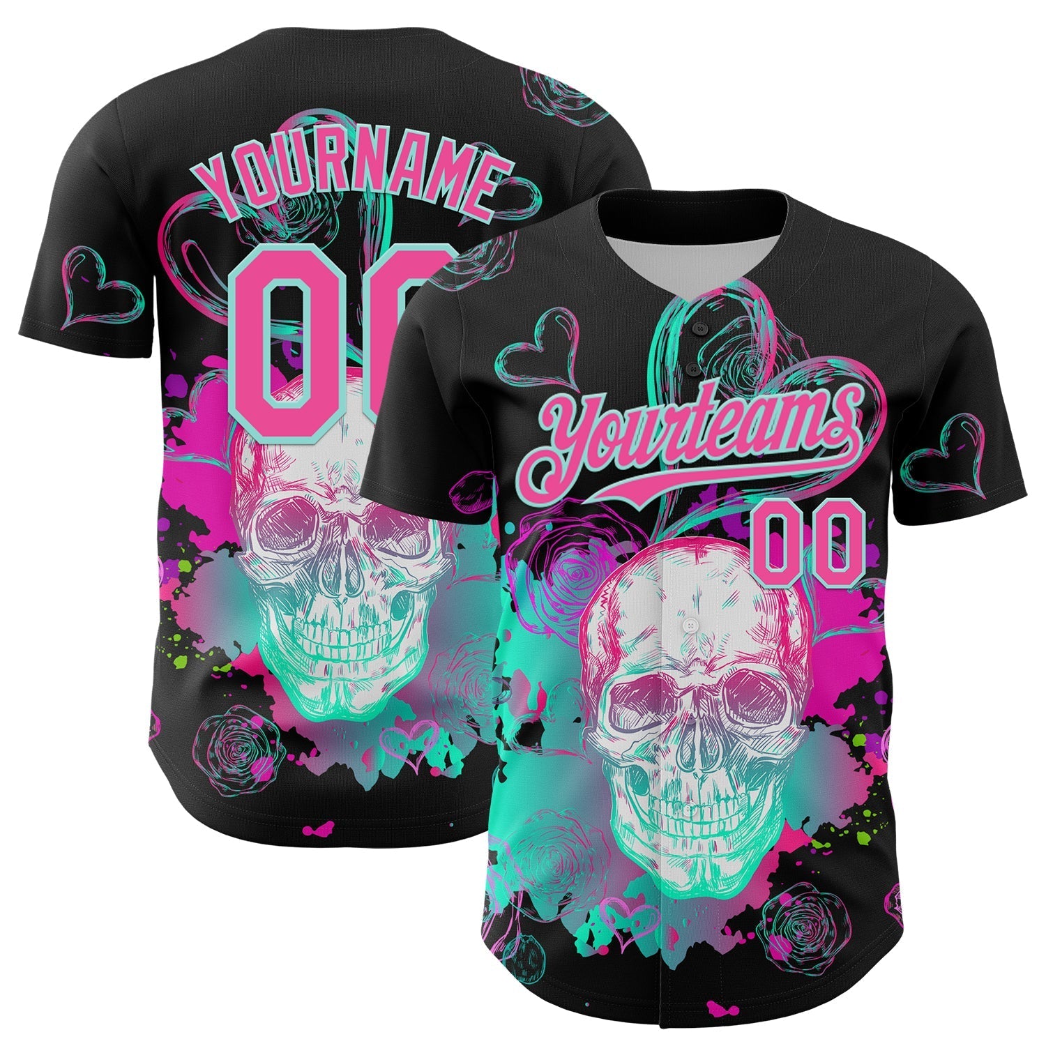 Custom Black Pink-Ice Blue 3D Pattern Design Trippy Magic Mushrooms Skull Authentic Baseball Jersey baseball jersey product view 1