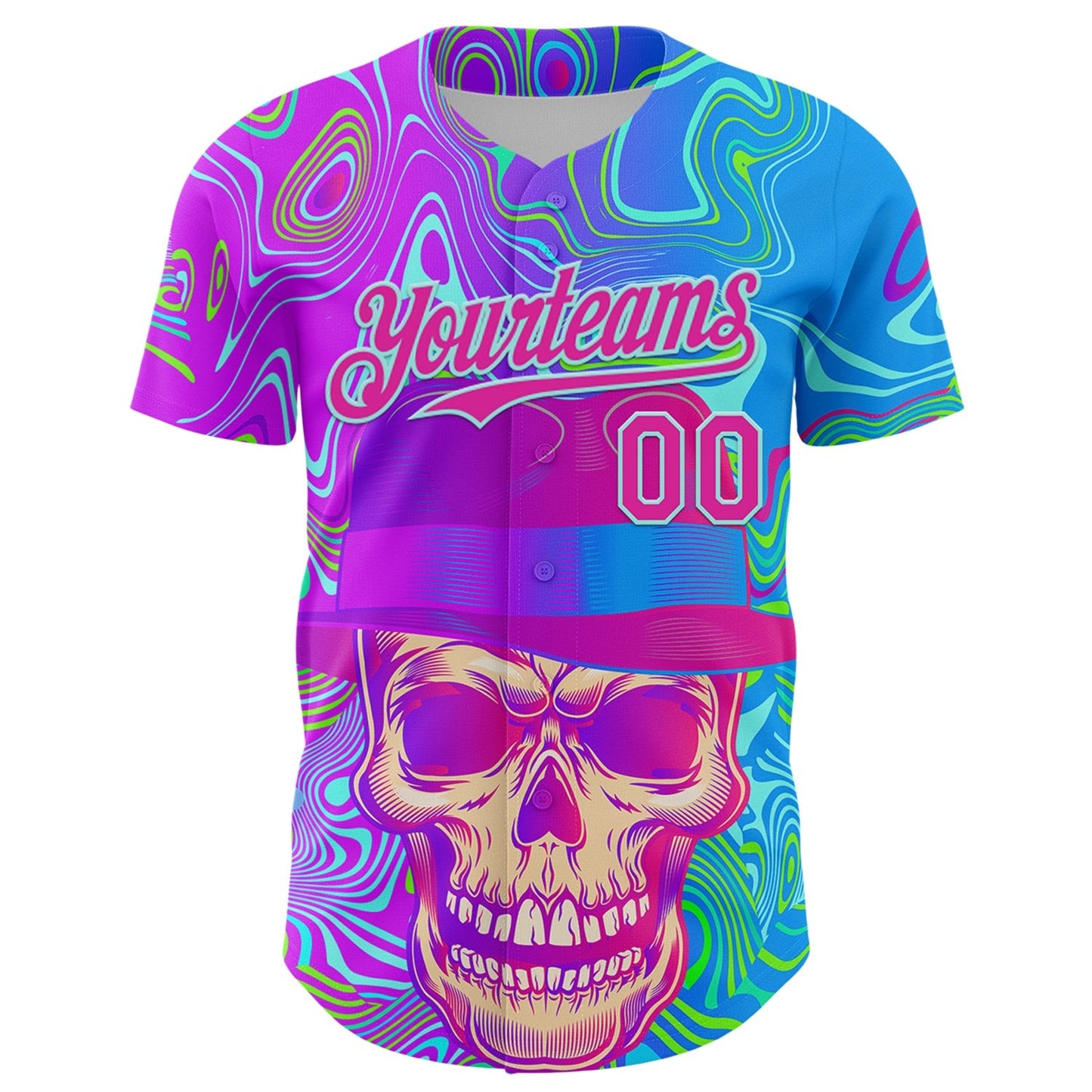 Custom Blue Deep Pink-Ice Blue 3D Pattern Design Trippy Magic Mushrooms Skull Authentic Baseball Jersey baseball jersey product view 2