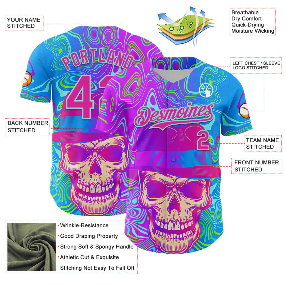 Custom Blue Deep Pink-Ice Blue 3D Pattern Design Trippy Magic Mushrooms Skull Authentic Baseball Jersey baseball jersey product view 3