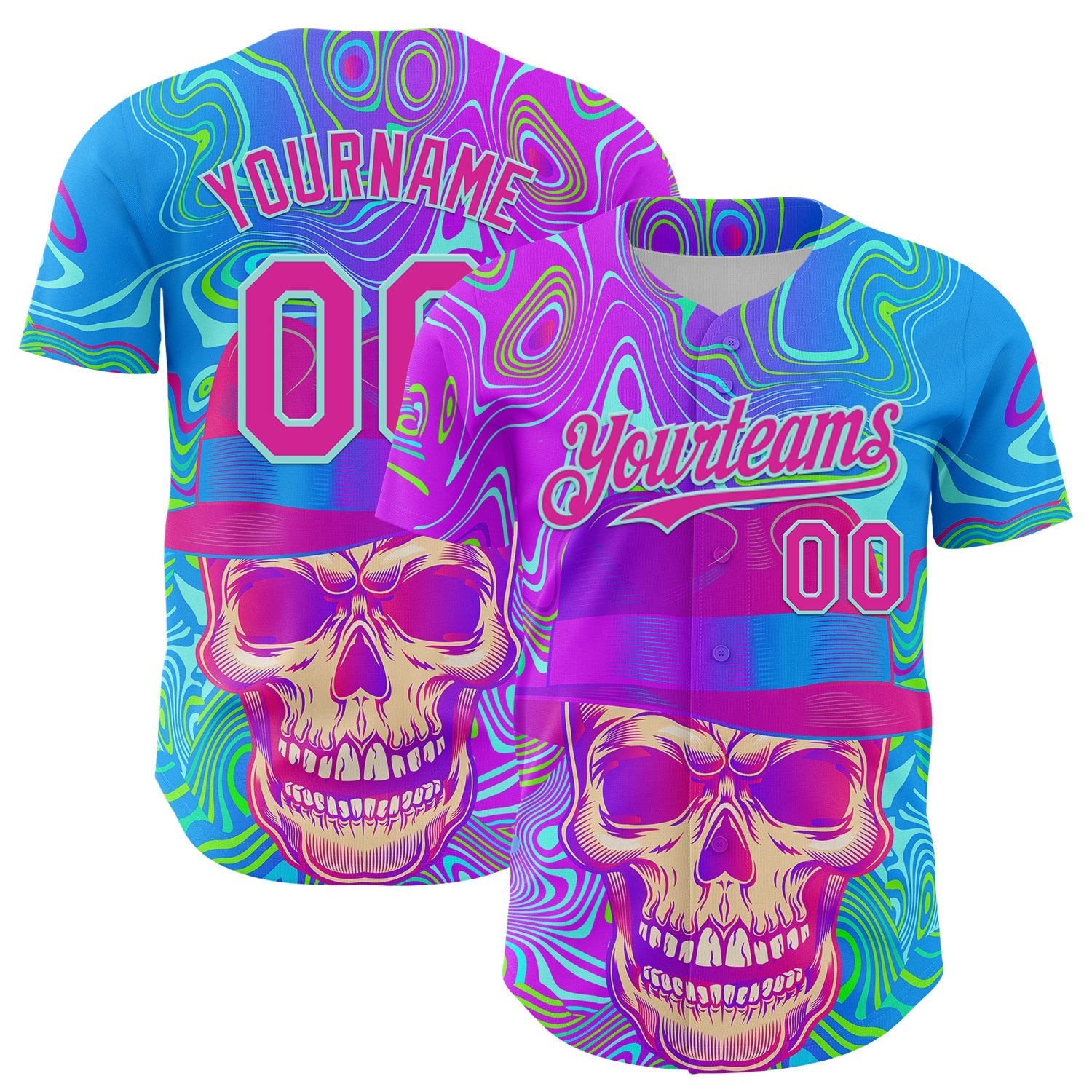 Custom Blue Deep Pink-Ice Blue 3D Pattern Design Trippy Magic Mushrooms Skull Authentic Baseball Jersey baseball jersey product view 1
