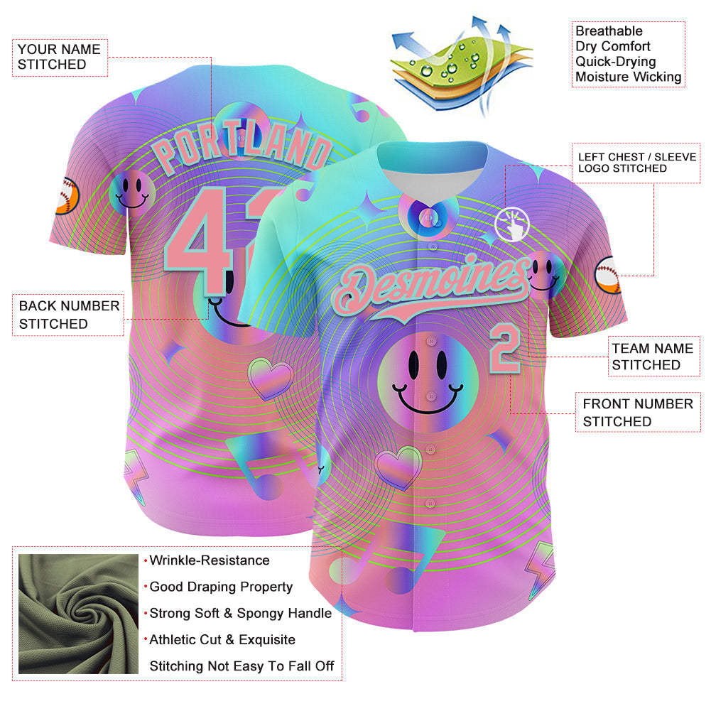 Custom Purple Medium Pink-Ice Blue 3D Pattern Design Trippy Smiley Face Acid Authentic Baseball Jersey baseball jersey product view 3
