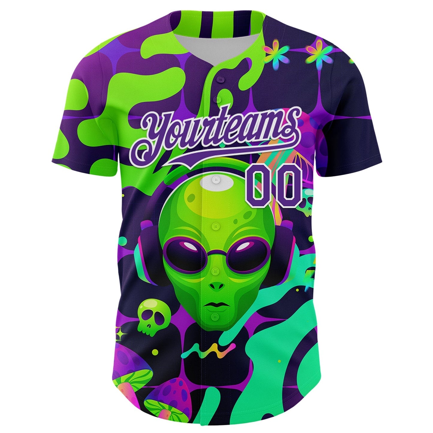 Custom Black Purple-White 3D Pattern Design Trippy Skull Alien Authentic Baseball Jersey baseball jersey product view 2