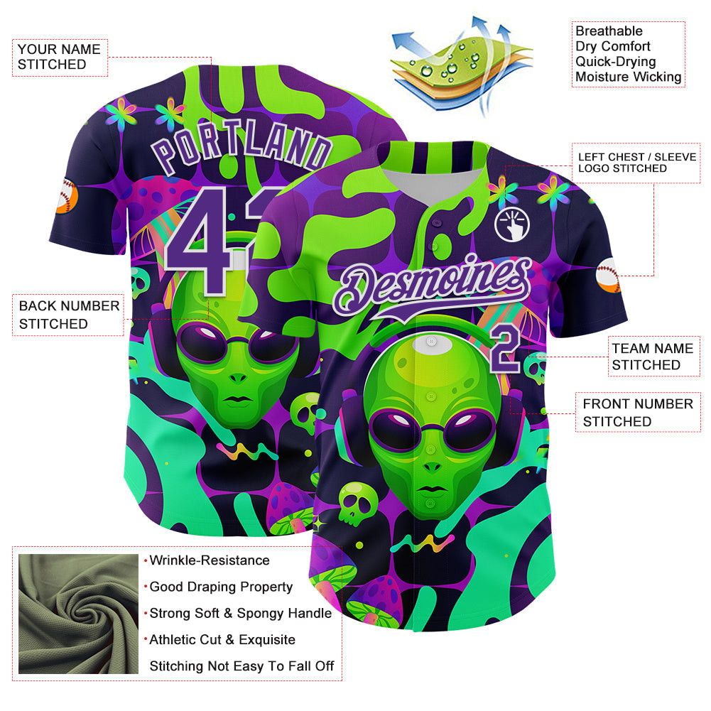 Custom Black Purple-White 3D Pattern Design Trippy Skull Alien Authentic Baseball Jersey baseball jersey product view 3