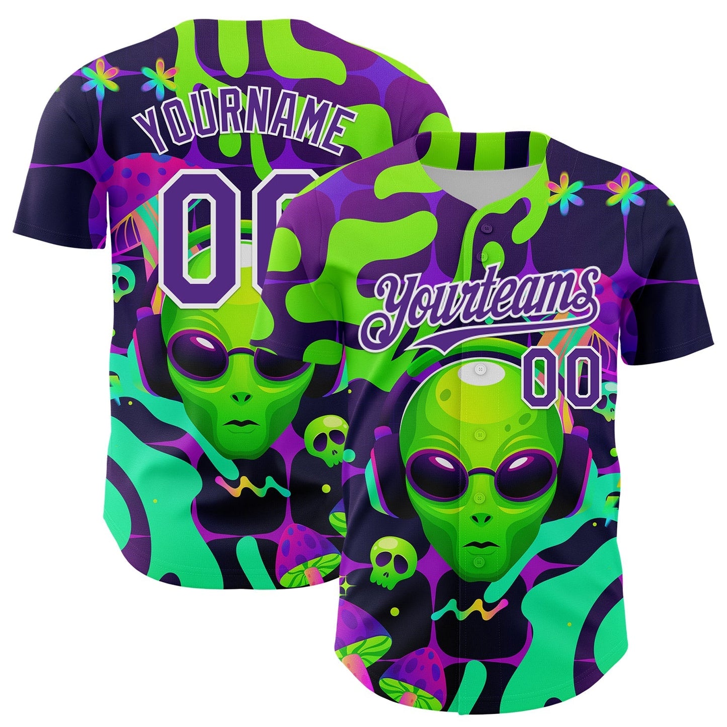 Custom Black Purple-White 3D Pattern Design Trippy Skull Alien Authentic Baseball Jersey baseball jersey product view 1