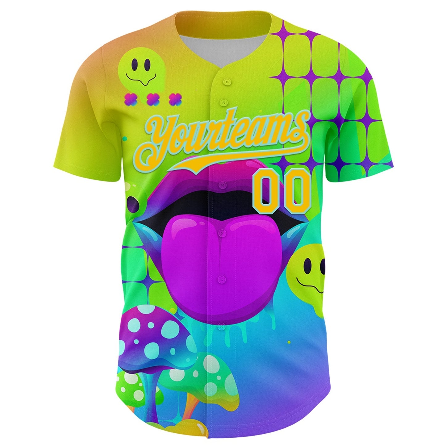 Custom Green Yellow-Ice Blue 3D Pattern Design Trippy Magic Mushrooms Acid Authentic Baseball Jersey baseball jersey product view 2