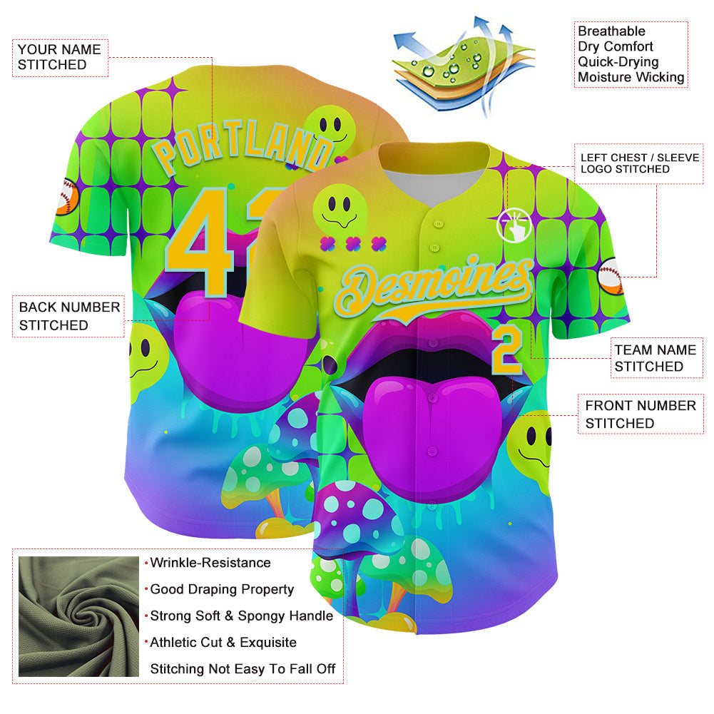 Custom Green Yellow-Ice Blue 3D Pattern Design Trippy Magic Mushrooms Acid Authentic Baseball Jersey baseball jersey product view 3