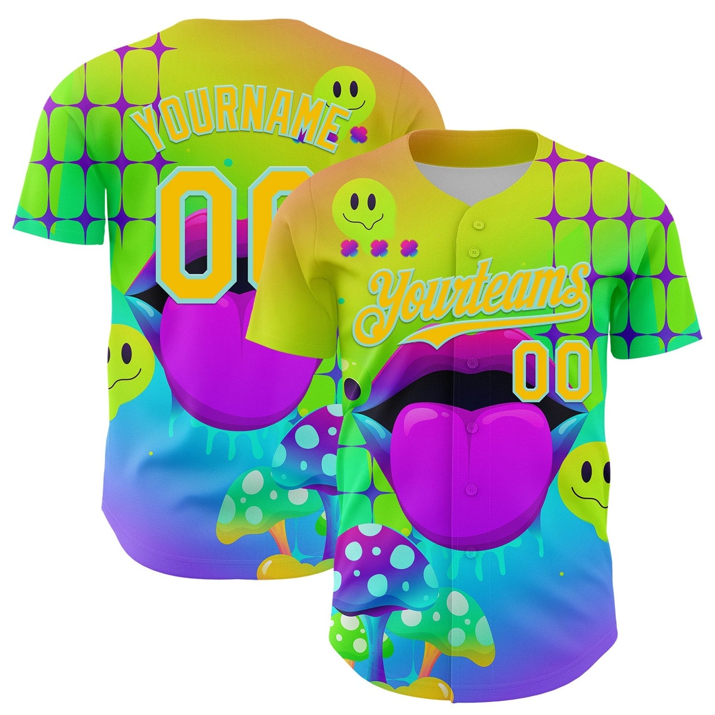 Custom Green Yellow-Ice Blue 3D Pattern Design Trippy Magic Mushrooms Acid Authentic Baseball Jersey baseball jersey product view 1