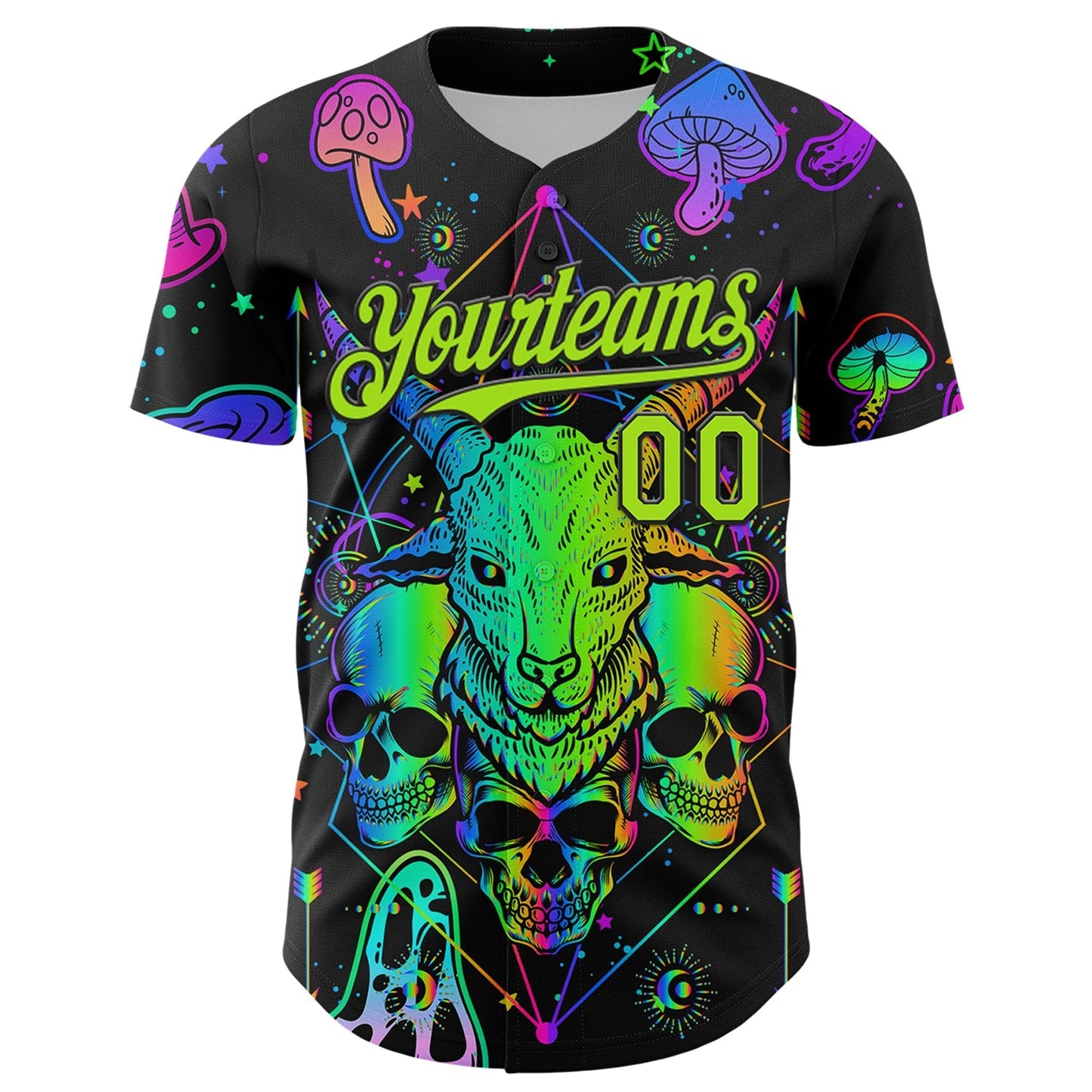 Custom Black Neon Green 3D Pattern Design Trippy Magic Mushrooms Goat Skull Authentic Baseball Jersey baseball jersey product view 2